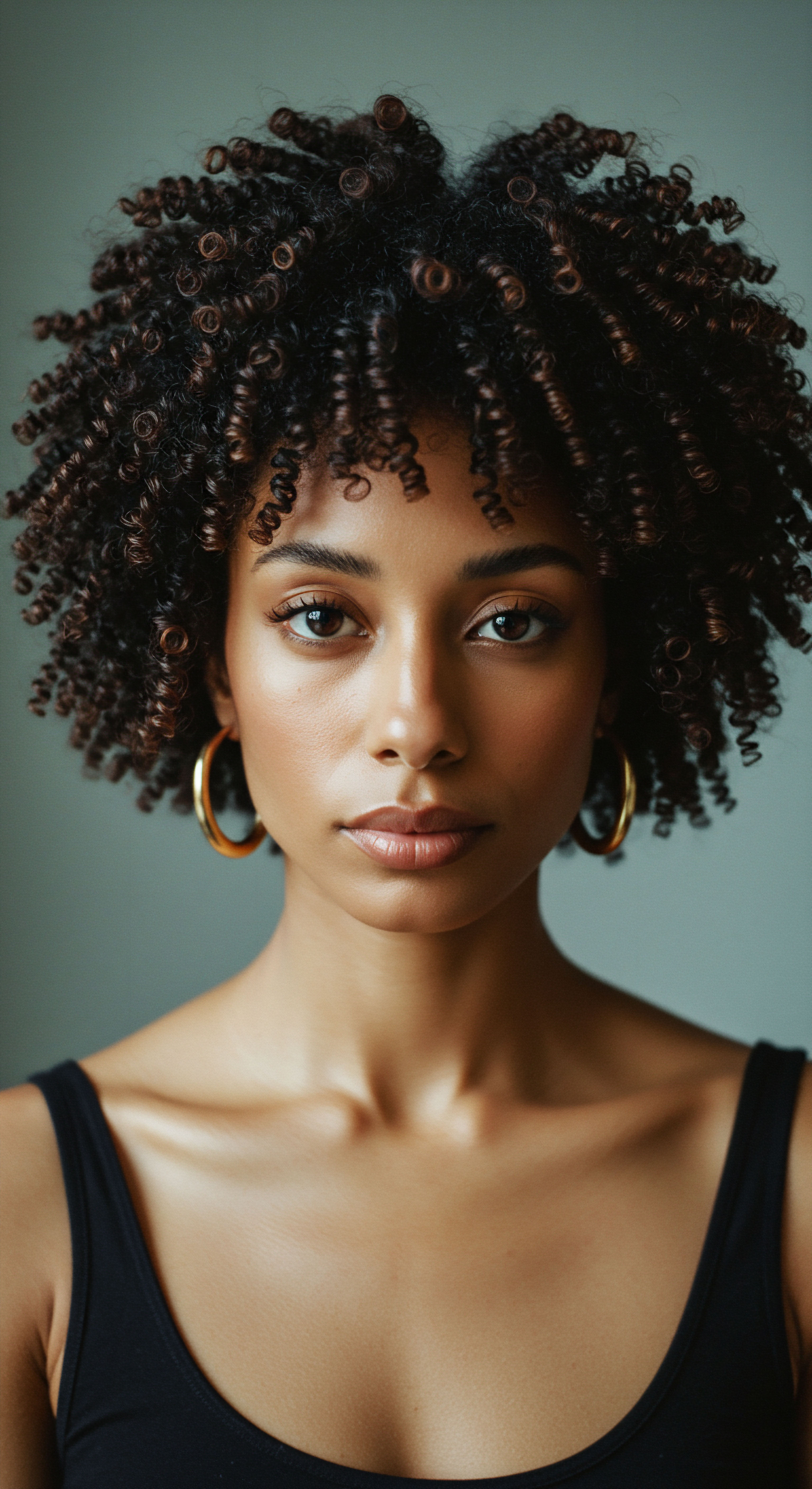 Achieving Defined Coiled Hair Patterns With Advanced Moisture Retention Techniques Celebrating the intrinsic beauty of dark, natural coiled hair. This portrait exemplifies optimal pattern definition and scalp wellness, achieved through consistent deep conditioning and gentle detangling practices. Her spirals glow with health, a testament to effective textured hair care and protective styling.