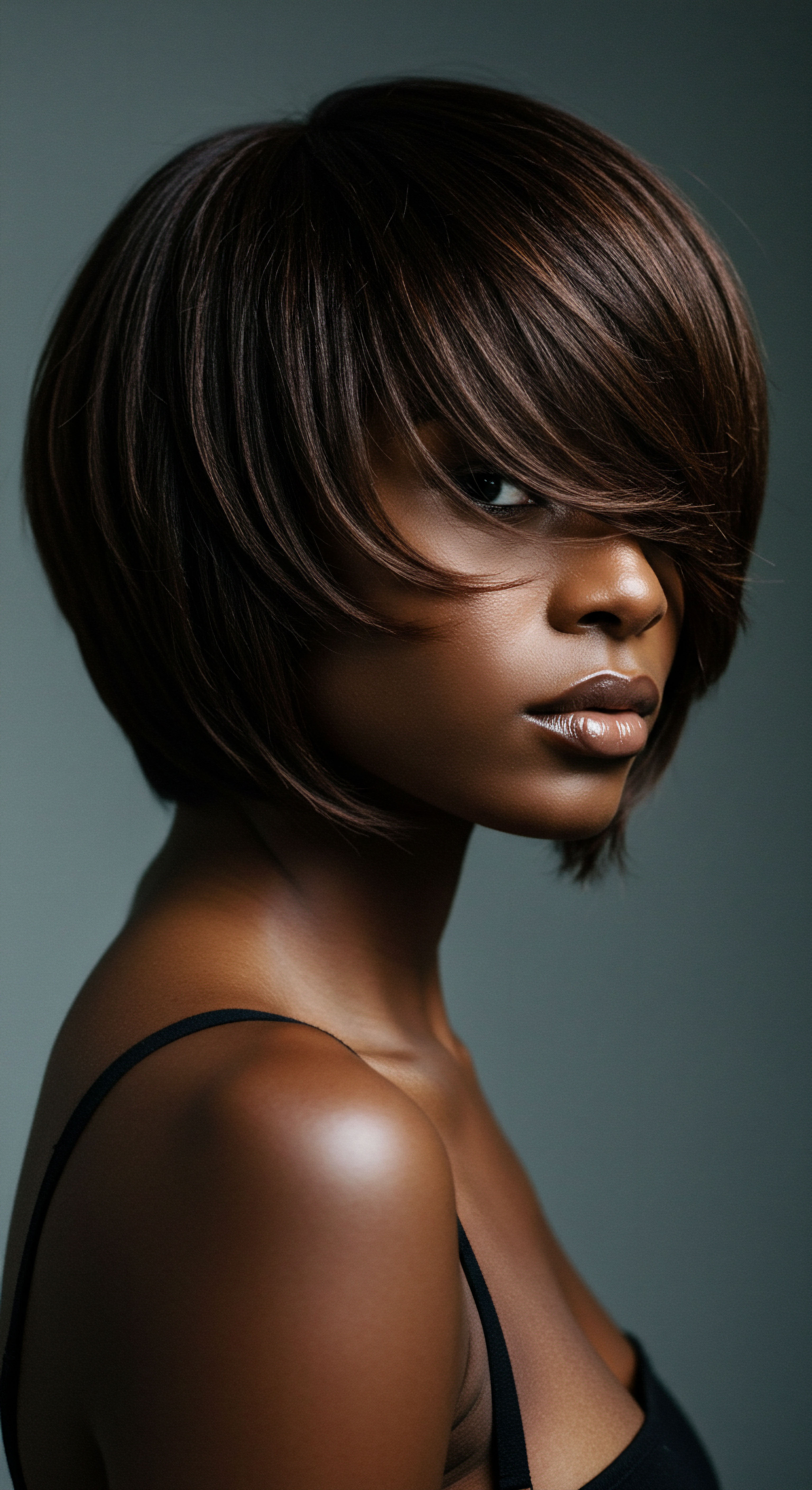 Achieving Optimal Shine and Movement on Healthy Textured Hair Through Expert Styling Sleek, precision-cut bob on dark textured hair. The brilliant sheen and healthy movement reflect expert thermal styling and deep conditioning. This look highlights optimal moisture retention, strand strength, and hair integrity, celebrating advanced care and sophisticated patterns.