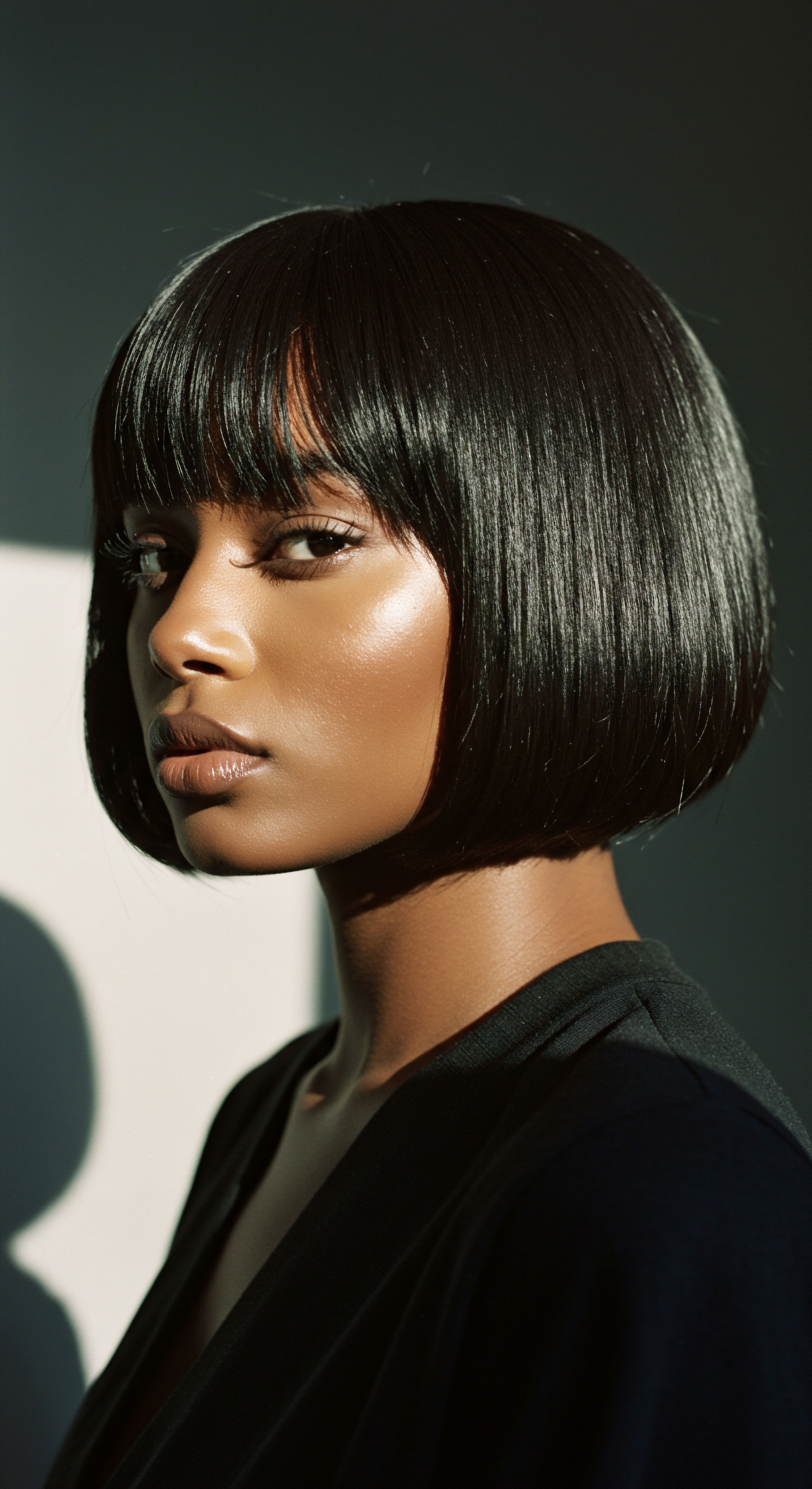 Achieving Radiant Resilience Black Hair Through Expert Silk Press Styling Showcasing elegant black hair styling, this portrait features a sleek bob, a testament to expert care. It embodies textured hair resilience, demonstrating optimal moisture retention, protective practices, and advanced techniques for radiant pattern integrity and shine.