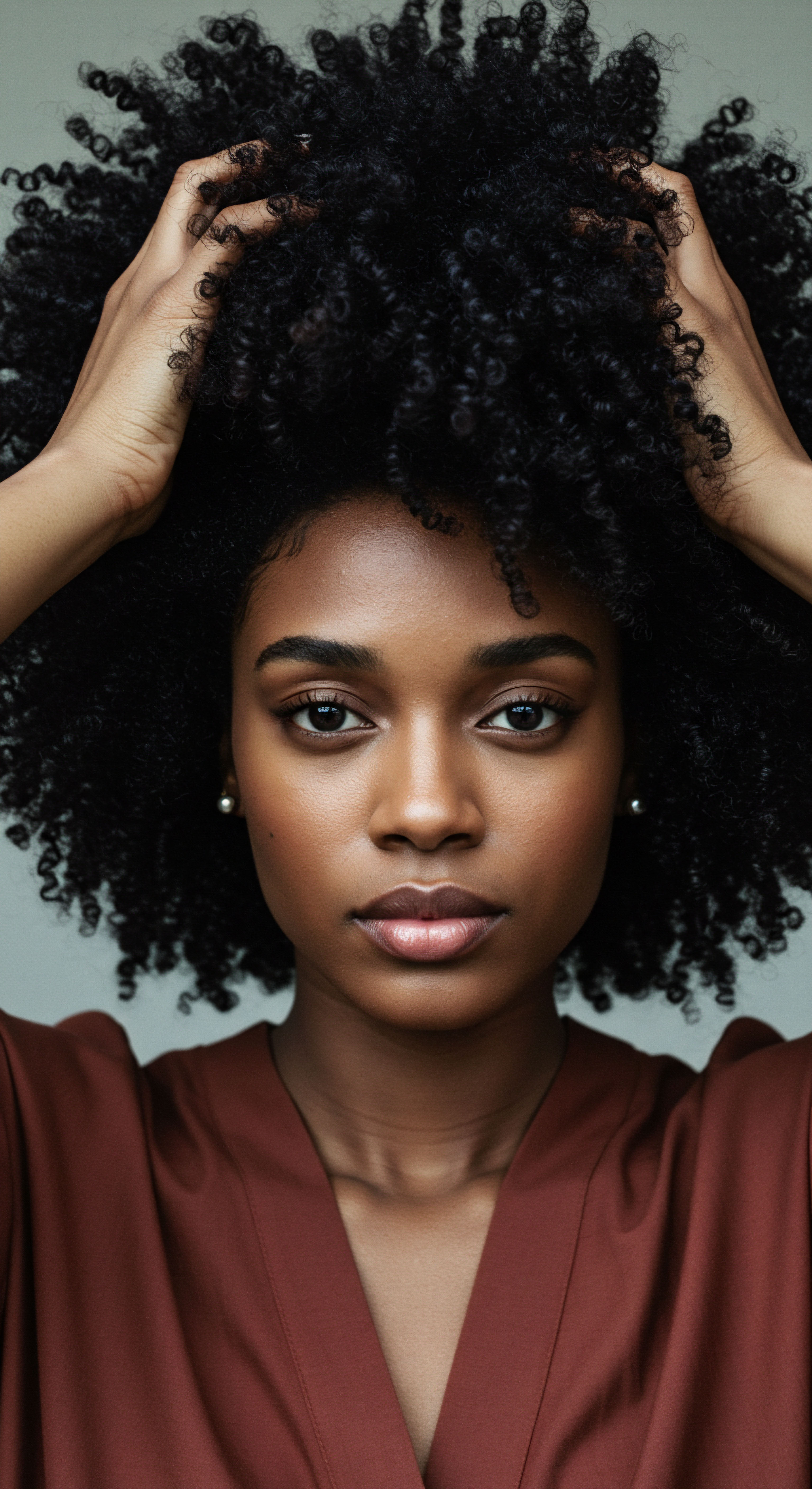 Achieving Volumetric Coily Pattern Definition and Optimal Hydration This compelling portrait reveals a woman's stunning Afro-textured hair, defined by magnificent coily patterns and captivating volume. Her interaction with her textured crown embodies diligent hydration and pattern maintenance, a testament to ancestral care rituals and empowered styling techniques for enduring hair health and resilience.