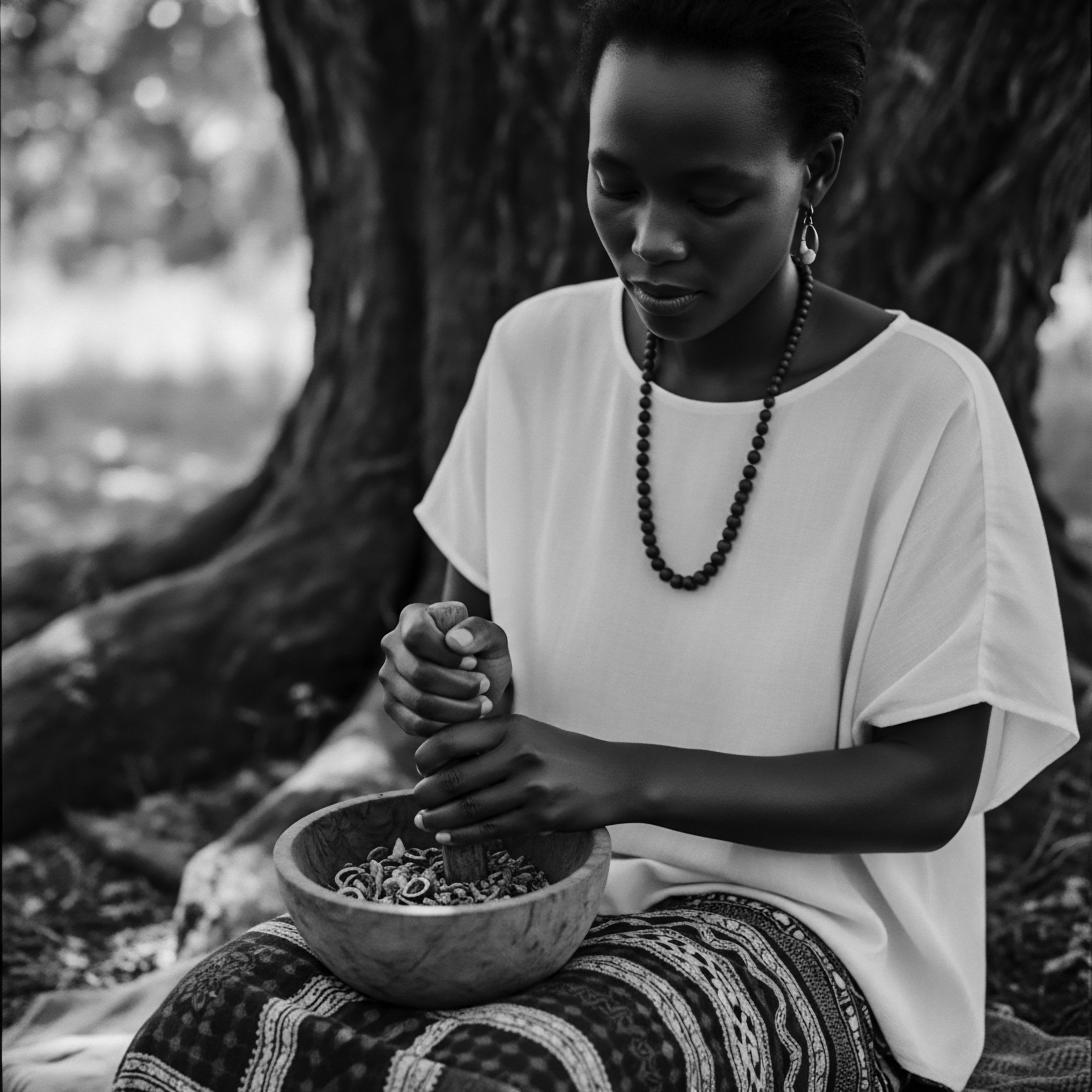 African Woman Preparing Holistic Remedy Black and White Textured Hair Culture Beneath ancient trees, she blends ancestral wisdom with nature's bounty, crafting a remedy showcasing the holistic care central to Black heritage. The image evokes the power of nature, mindful beauty, and heritage within Black hair rituals.