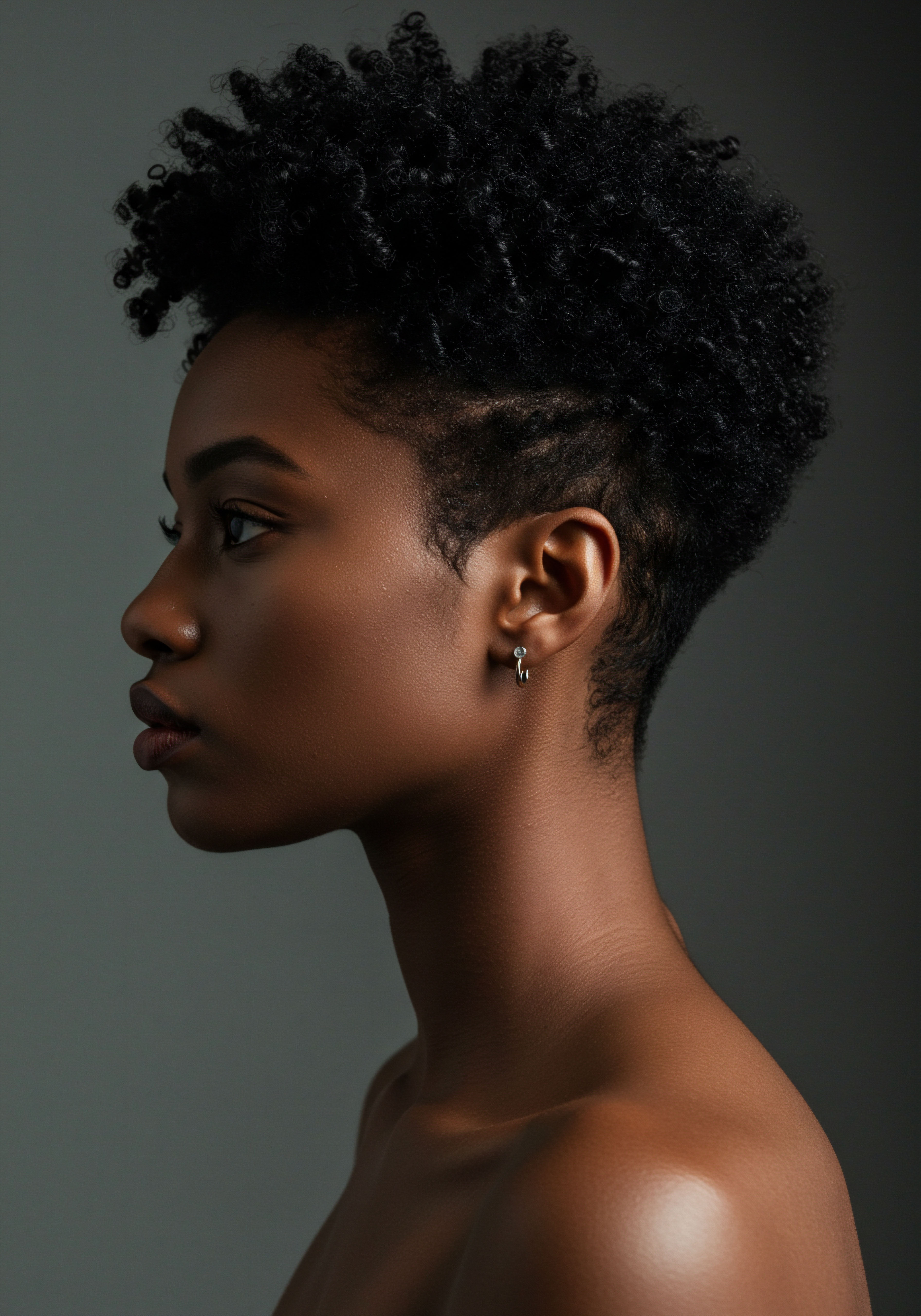 Afro Coiled Hair Pattern Defined Textured Skin Radiance Care This intimate profile unveils healthy, robust afro-textured micro-coils, exhibiting pristine helix integrity and superb pattern definition. Luminous melanated skin signifies comprehensive hydration and successful advanced styling. A powerful testament to cultural hair heritage and diligent natural hair care, honoring radiant intrinsic beauty.