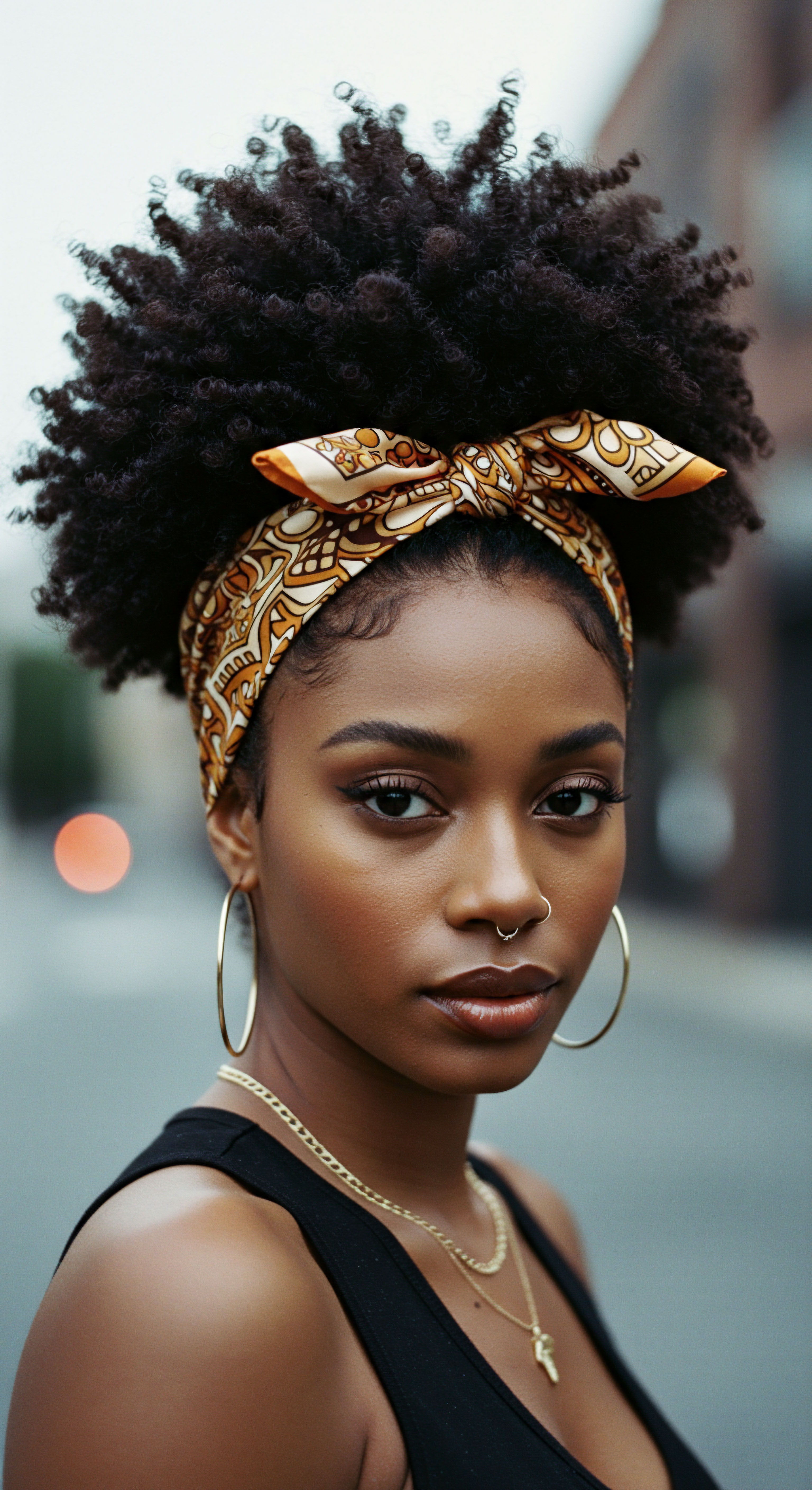 Afro Texture Vitality Embodying Ancestral Heritage with Intentional Styling Celebrating Afro-textured hair vitality, this portrait highlights resilient coil patterns and impeccably styled baby hair. Her protective headwrap embodies cultural pride, thoughtful styling, and diligent hair care for optimal hydration and scalp health—a testament to ancestral beauty.