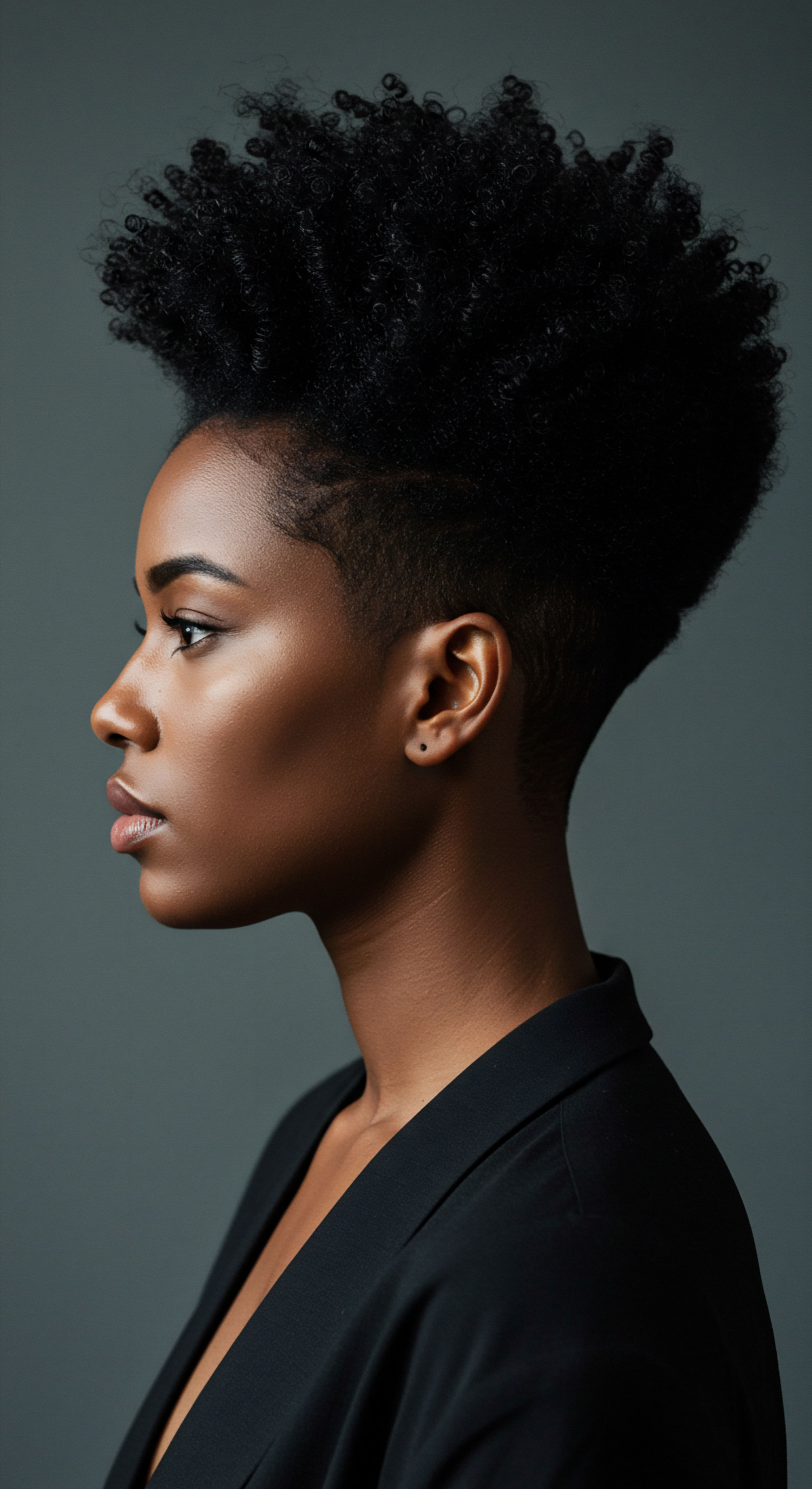 Afro-Textured Coils Displaying Hair Integrity and Precision Shaping A captivating profile highlights resilient Afro-textured coils, meticulously shaped for optimal hair integrity and vibrant coil definition. This artistic, low-manipulation style celebrates cultural heritage and self-expression, demonstrating superior moisture retention and scalp health achievable through dedicated textured hair care and professional styling.