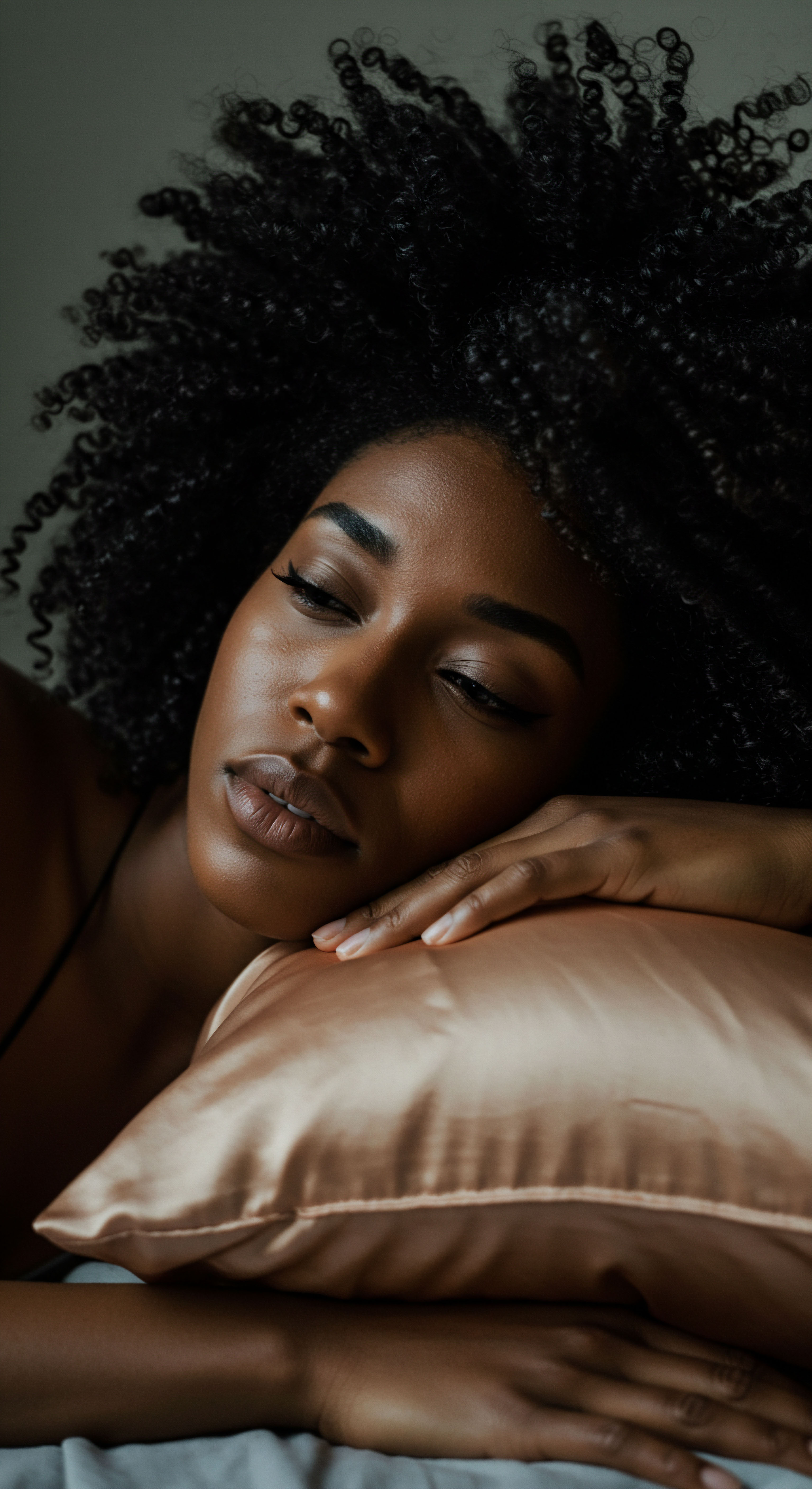 Afro-Textured Coils Embracing Silk Lined Care For Optimal Moisture Retention A woman with beautiful Afro-textured coils rests on a silk pillow. This highlights essential protective care for crucial moisture retention and reduced textural friction. It promotes scalp health, low-porosity hydration, and vibrant helix patterns, truly honoring ancestral beauty rituals.