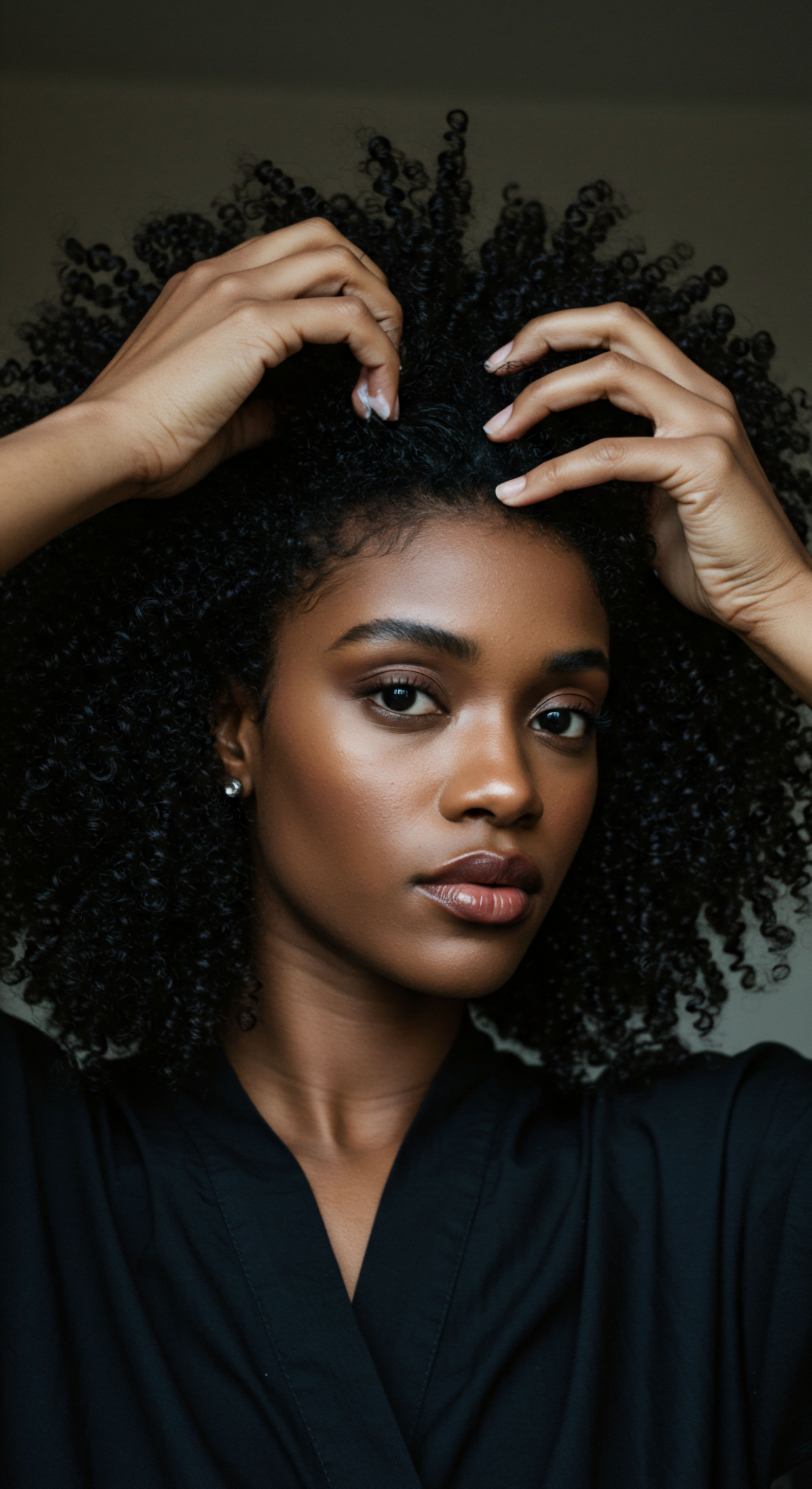 Afro-Textured Coily Hair Nurturing For Hydration And Pattern Definition Depicting a personal journey, hands mindfully tend voluminous Afro-textured coily hair, ensuring deep hydration and fostering strong strand elasticity. This meticulous product application emphasizes spring pattern definition and holistic scalp nurturing, reflecting an empowering, heritage-rich hair care regimen.