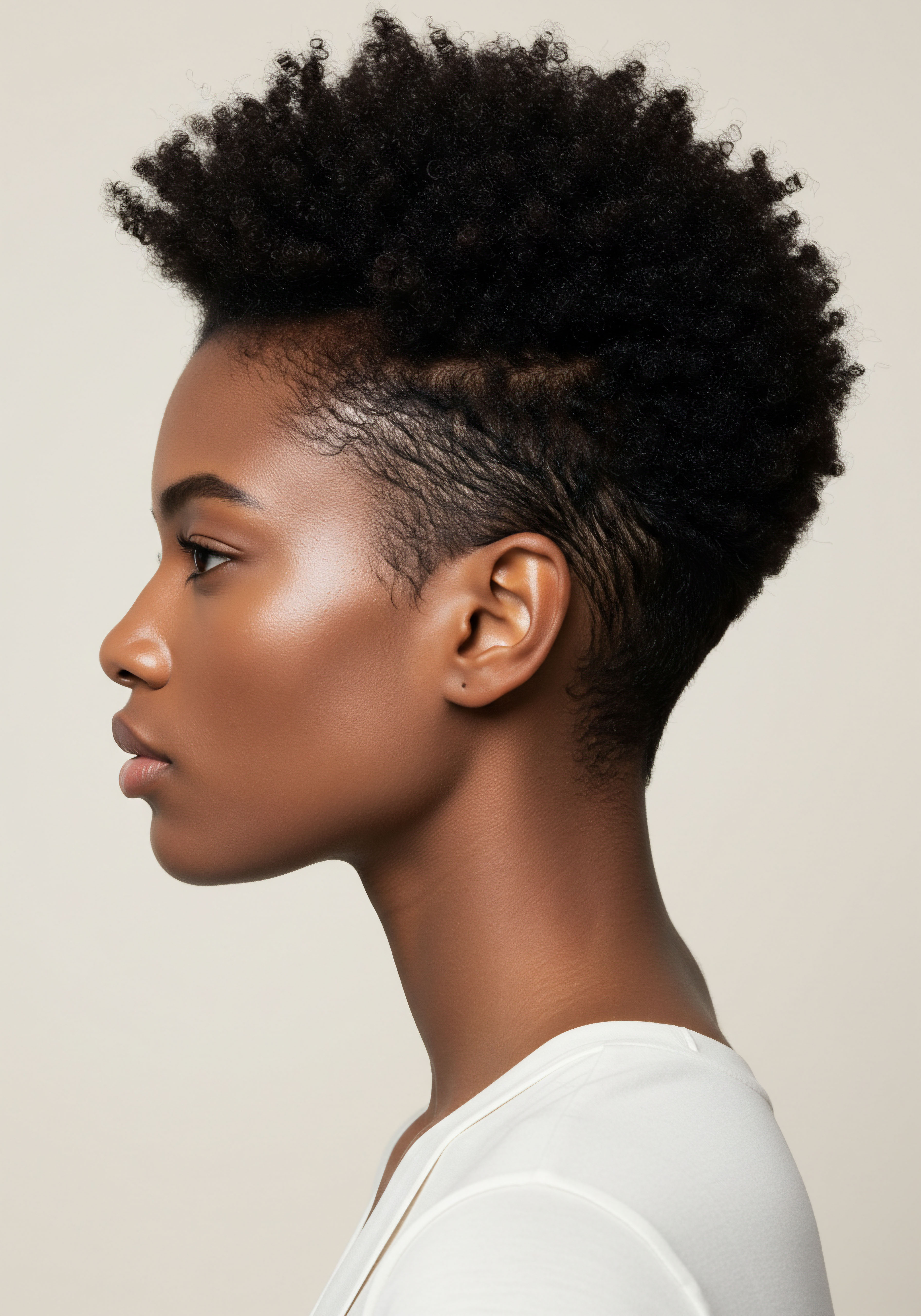 Afro-Textured Coily Pattern Hair Resilience Modern Protective Styling A radiant Black woman's profile highlights her vibrant Afro-textured coily pattern, meticulously styled. The precision tapered haircut showcases optimal scalp health and exceptional hair resilience. This embodies ancestral heritage, inspiring dedicated textured hair care and innovative styling for exquisite natural hair definition and moisture retention.