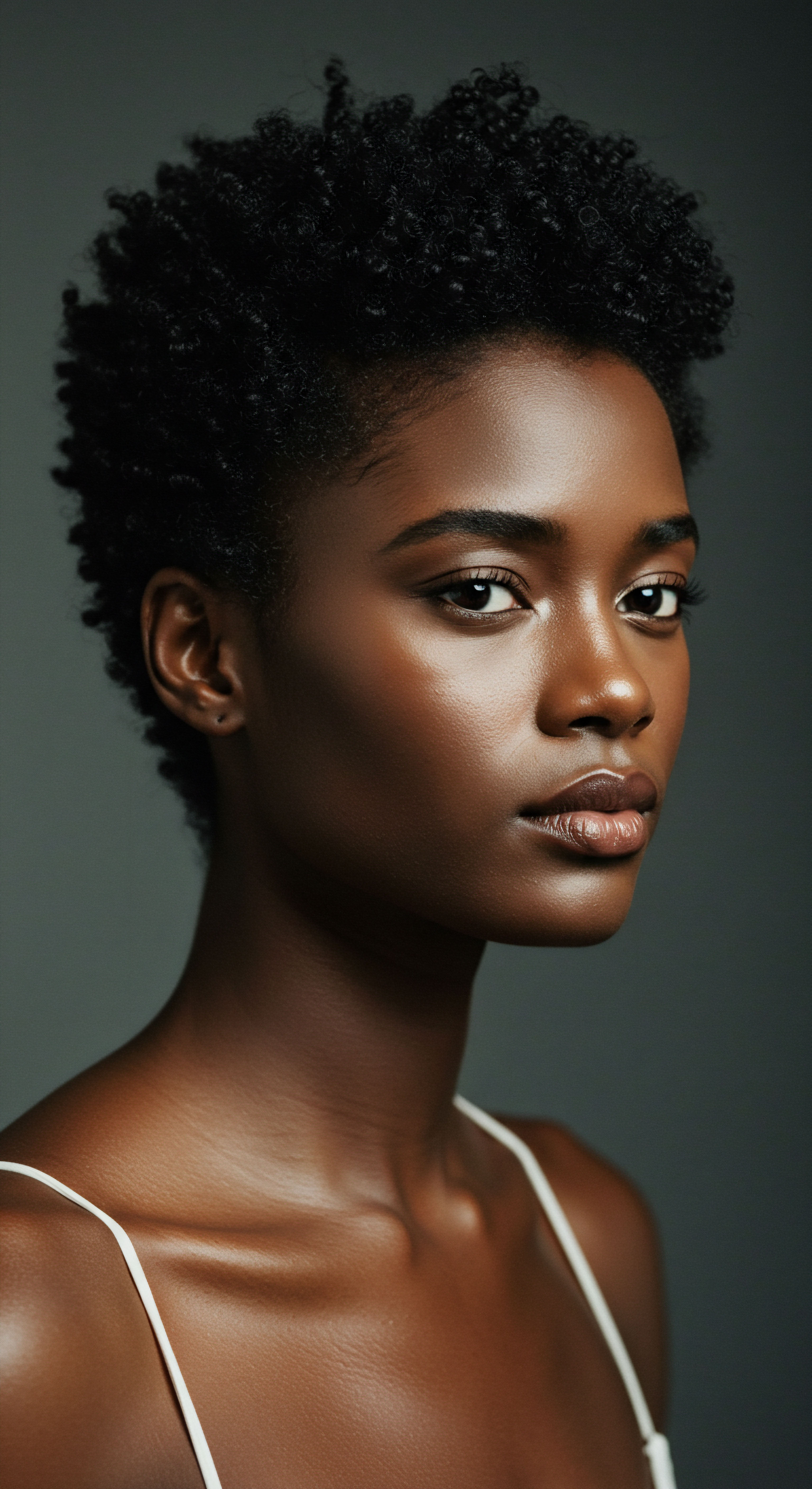 Afro Textured Coily Patterns Optimal Hydration for Deep Resilience Witness the radiant harmony of melanin-rich skin and meticulously maintained afro-textured hair. This short, coily texture displays exceptional moisture retention and exquisite defined spring patterns, a testament to deep hair vitality. Celebrating black hair heritage, this portrait emphasizes mindful textured hair care and optimal hydration for stunning natural resilience.