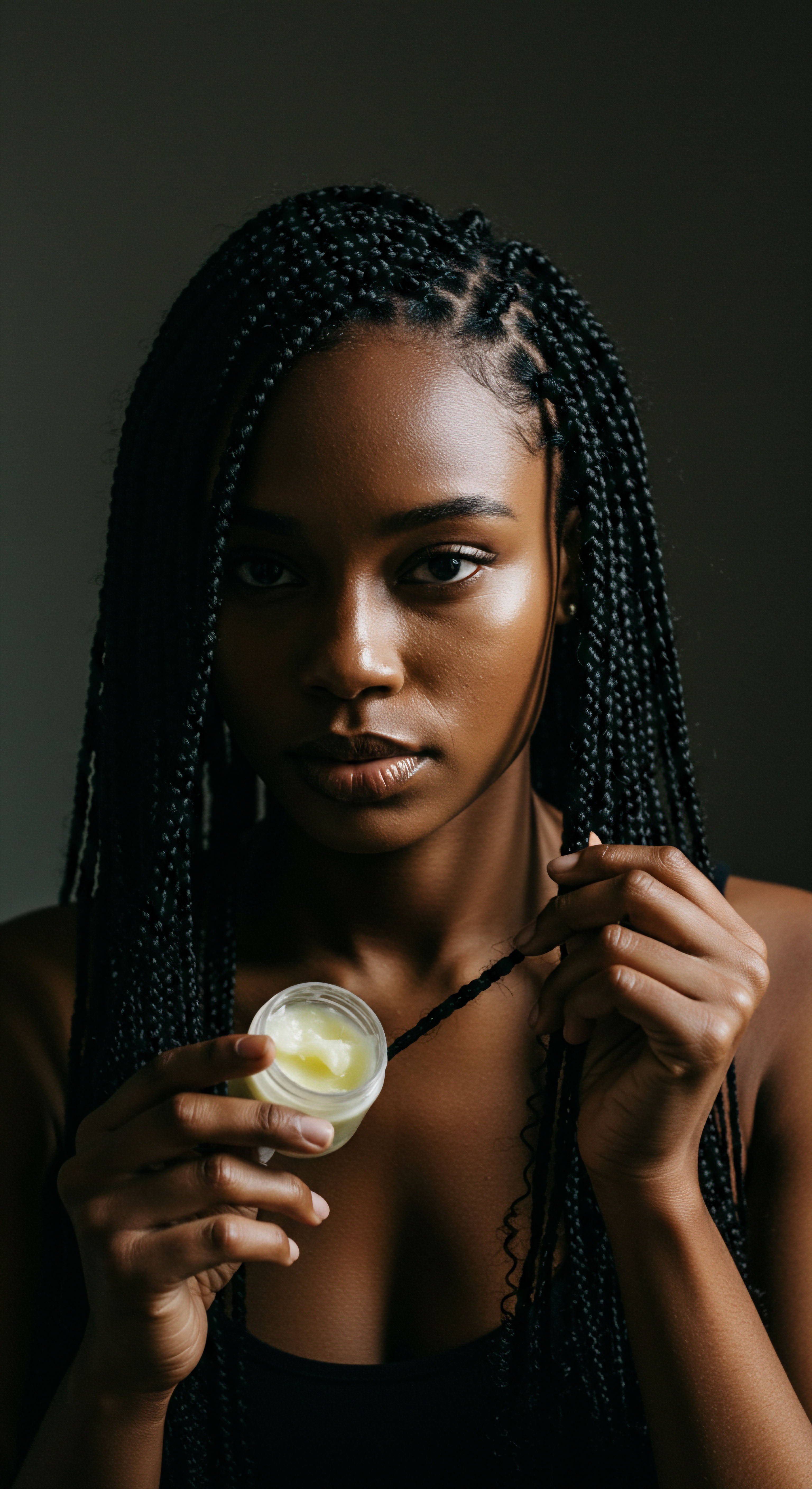 Afro-Textured Coily Strands Nourished Through Protective Braiding Legacy A deeply expressive portrait capturing Afro-textured hair health, featuring meticulously crafted box braids, a cornerstone of protective styling and heritage. She engages in deliberate self-care, applying an emollient balm to nourish her highly porous coily strands, ensuring maximum hydration and minimizing frizz. This reflects an advanced routine for long-term hair vitality.