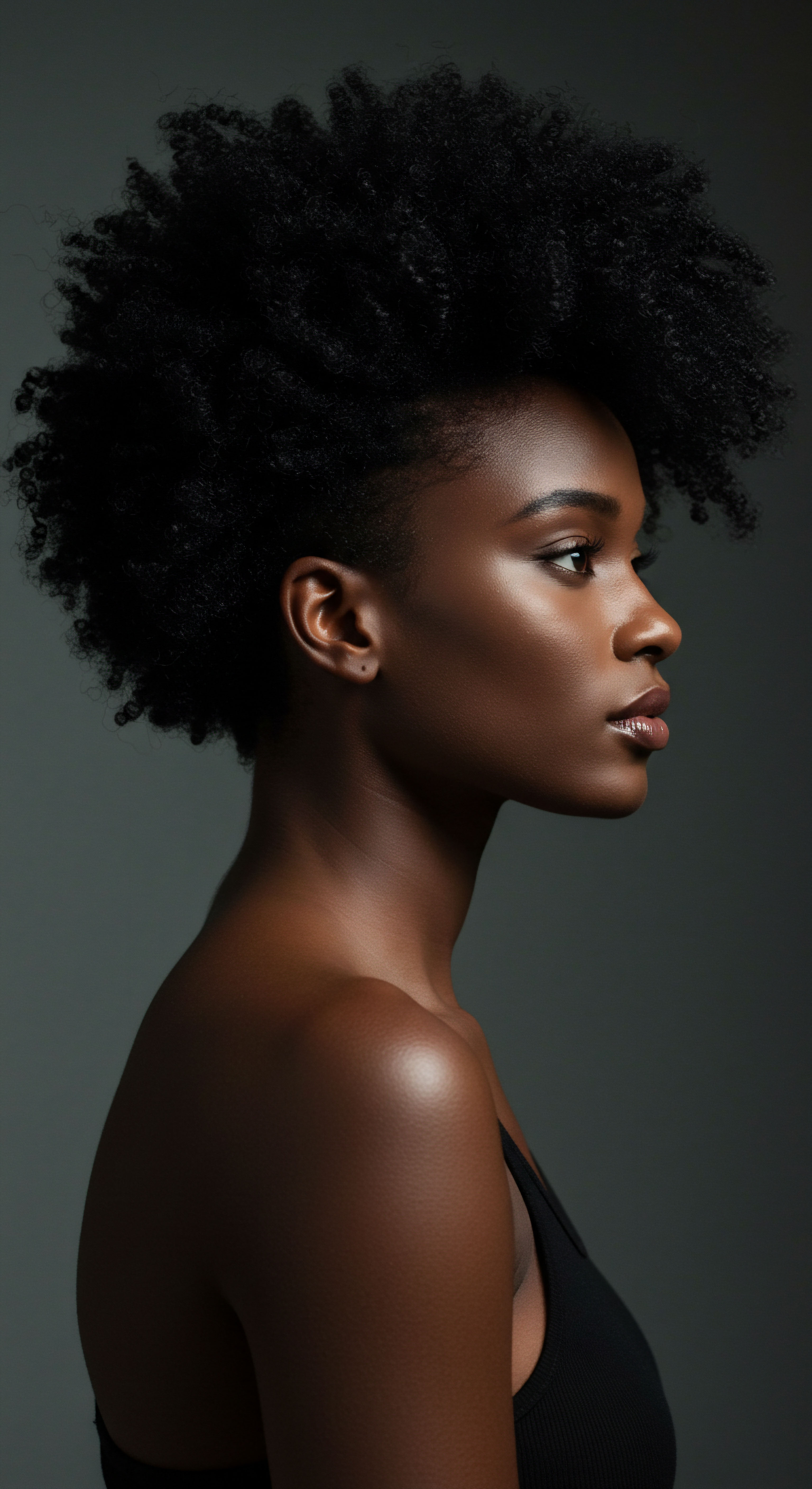 Afrocentric Textured Coils Showcasing Radiance Hair Health Heritage Captivating profile shows luminous melanin-rich skin with a striking afro-textured pattern. The impeccably defined coils reflect superior care and expert styling, illustrating robust hair health. This celebrates the rich Black hair and mixed-race hair heritage, empowering authentic patterns with dedicated regimens.