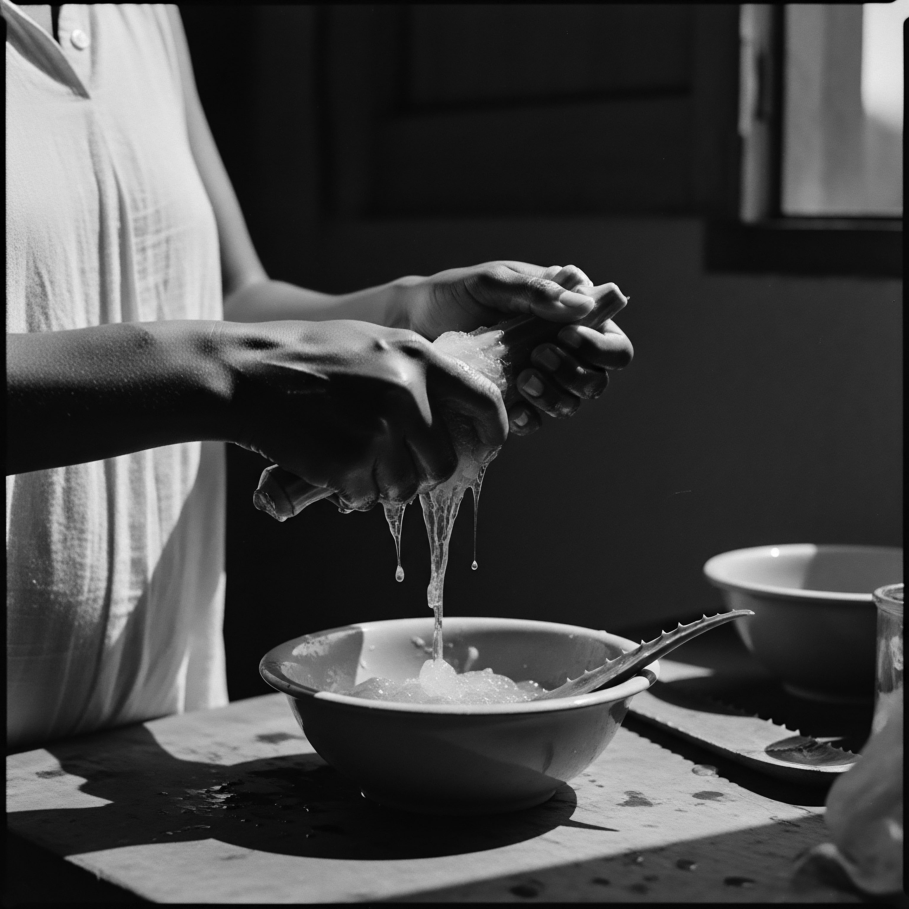 Aloe Preparation Hands Squeezing Gel into Bowl Natural Textured Hair Care Hands meticulously harvest aloe's hydrating properties, revealing ancestral traditions for healthy textured hair. This act reflects heritage's holistic approach, connecting natural elements with scalp and coil nourishment, celebrating deep-rooted practices for vibrant, resilient black hair.