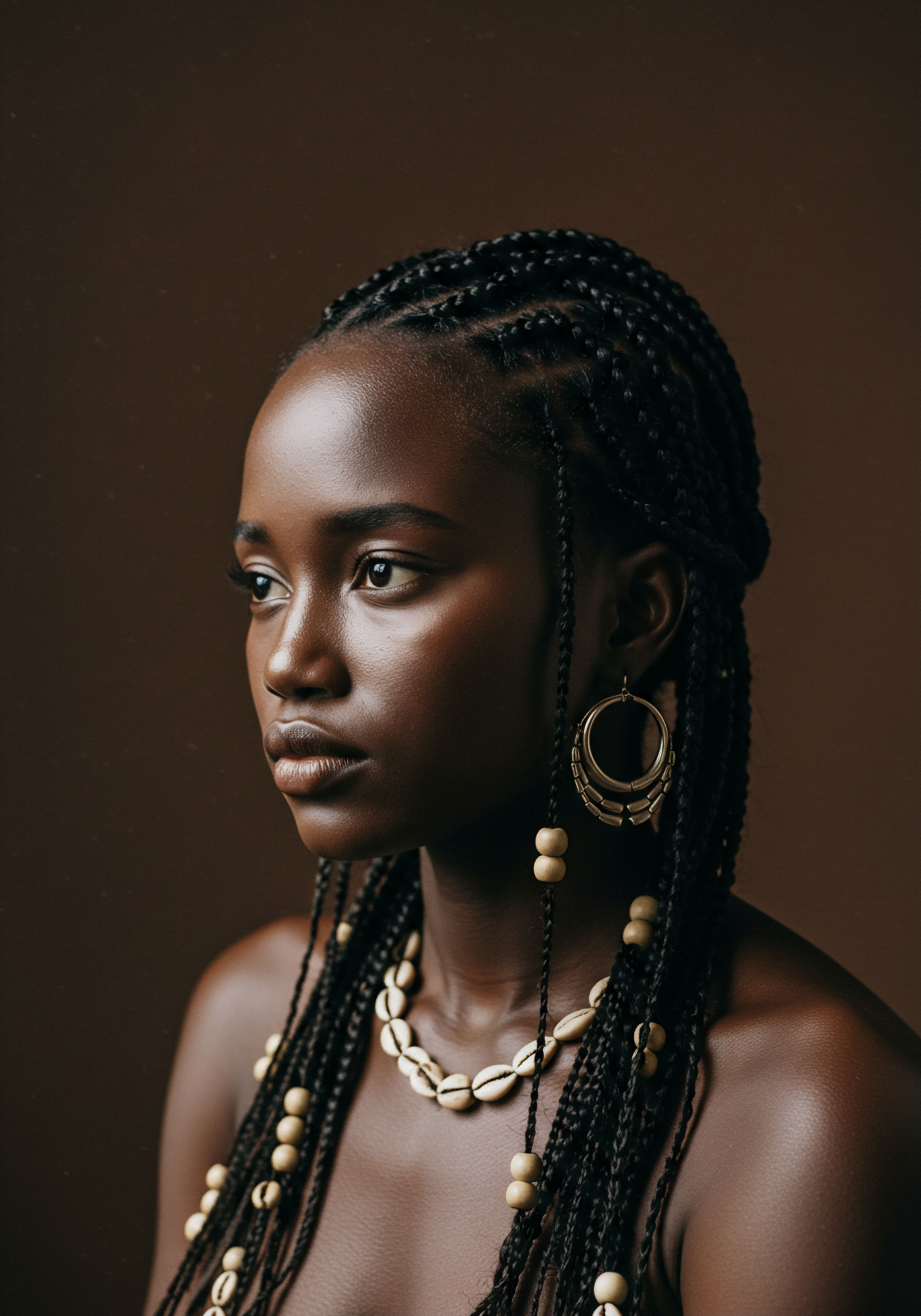 Ancestral Braiding Protective Styling For Coily Textures And Scalp Health This portrait features meticulously crafted ancestral box braids on melanin-rich skin, an exemplary protective style. It highlights optimal scalp health, moisture retention, and meticulous parting. Traditional adornment cowrie shells ensures fiber integrity, fostering impressive length retention and healthy growth for her coily texture, celebrating cultural heritage.