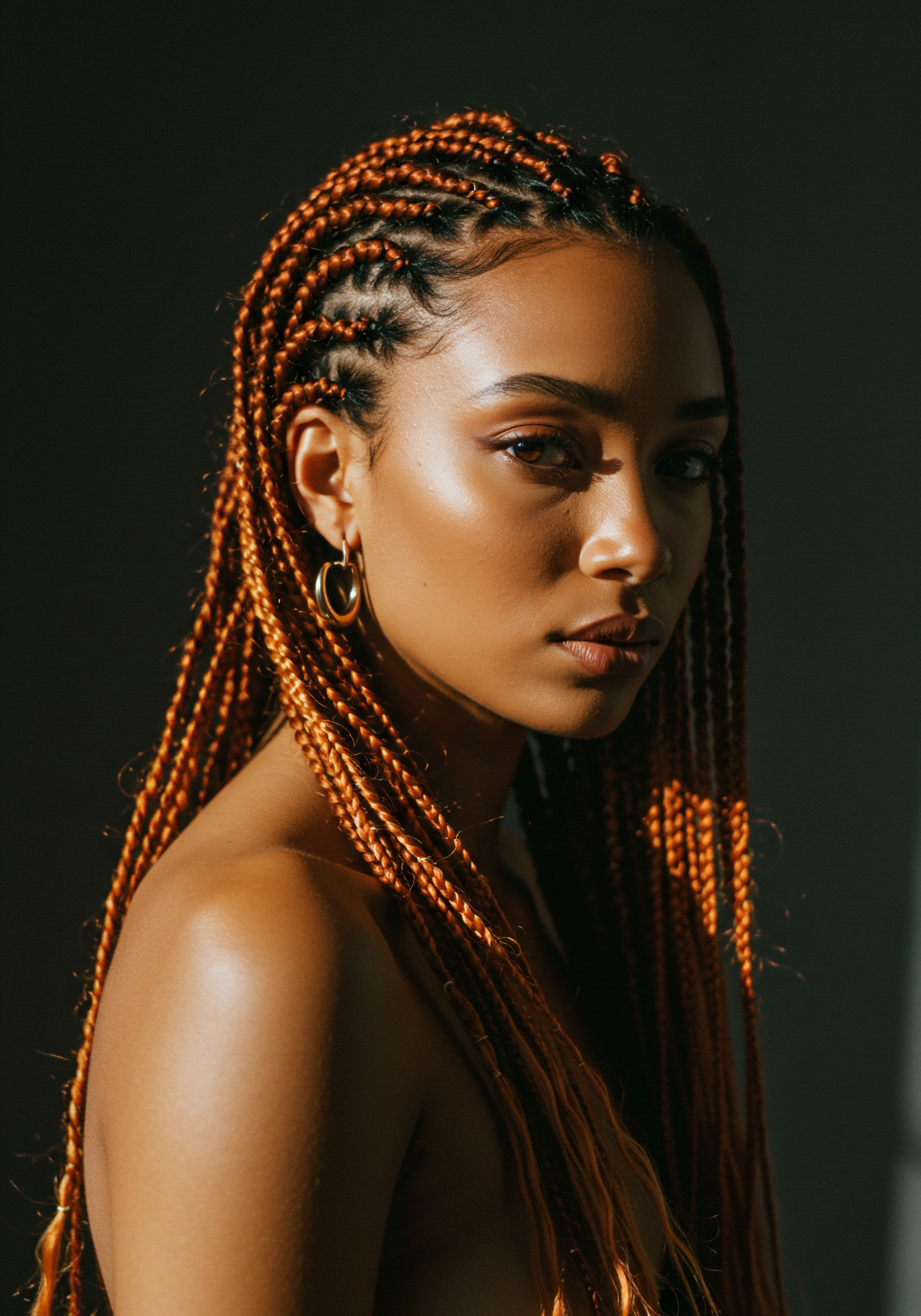 Ancestral Braidwork Illuminates Vibrant Textured Hair Protective Styling Behold the artistry of Ancestral Box Braids, a masterful low-tension protective style. Each copper braid highlights impeccable hair pattern definition and superior scalp integrity. This demonstrates effective textured hair care practices that ensure fiber strength, radiant luminosity, and sustained hair growth, reflecting styling versatility.