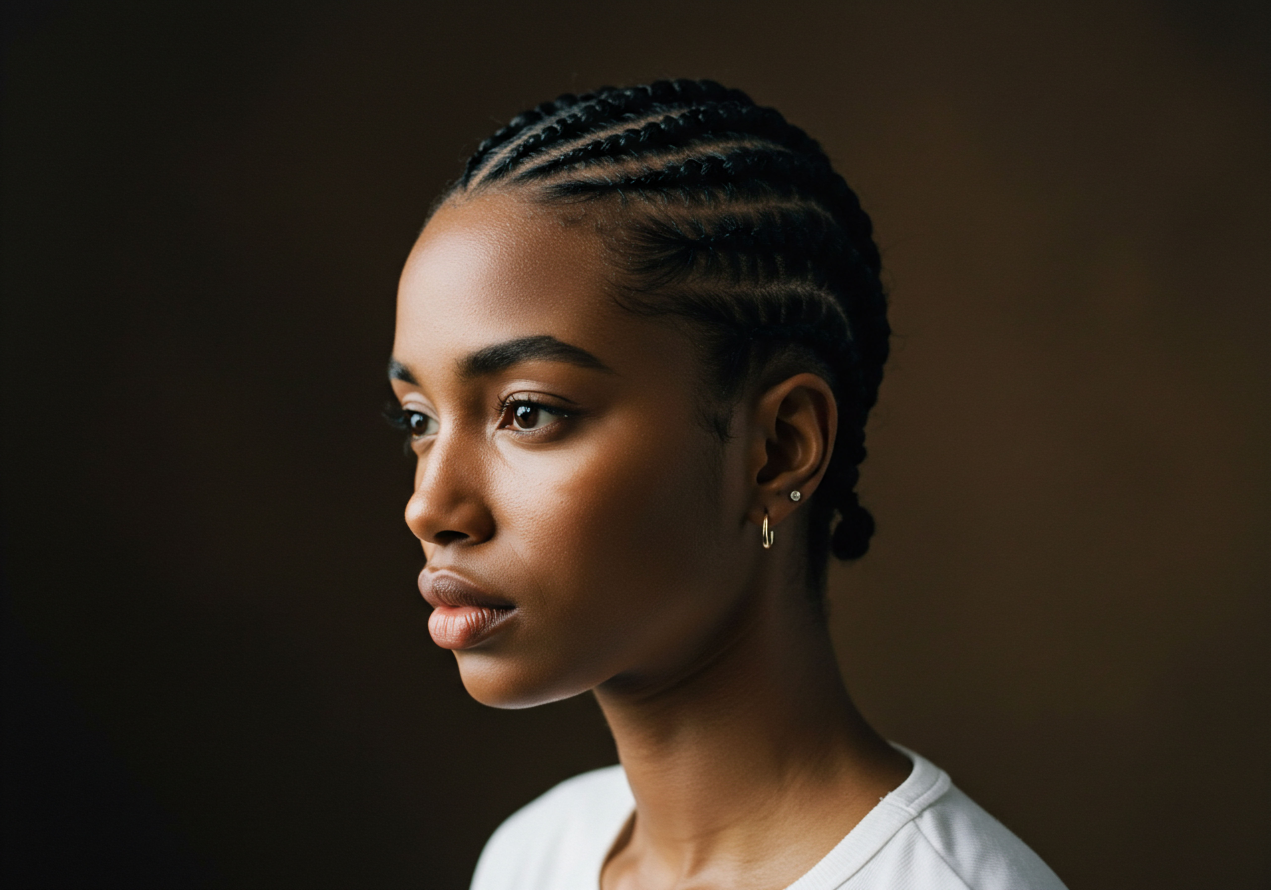 Ancestral Cornrows Nurturing Scalp Health With Textured Hair Protection This captivating image captures the artistry of flat braiding, a testament to enduring ancestral practices in hair care. The intricate pattern of her cornrows provides long-term protective styling, ensuring optimal scalp health and moisture retention. Her rich, textured hair exhibits impressive natural pattern and resilience, reflecting dedicated nourishment and a celebrated heritage within Black Hair and Mixed-Race Hair communities.