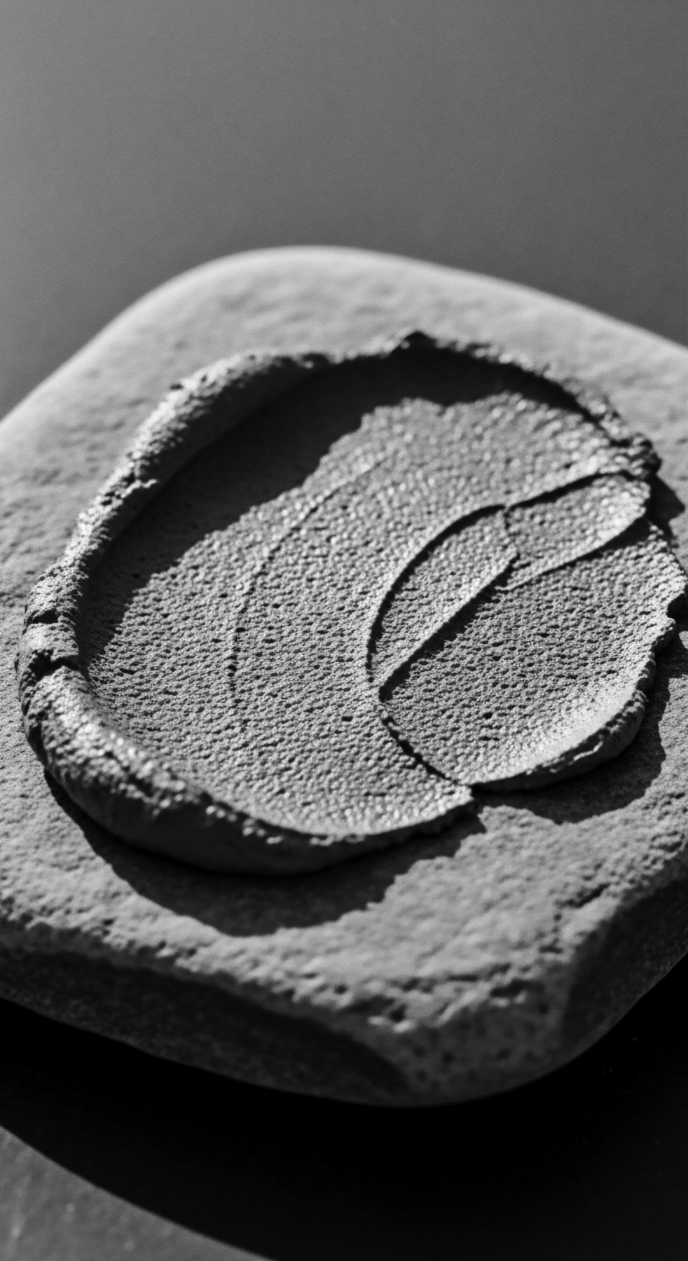 A monochromatic view presents a concentrated portion of a textured clay mask, layered artfully on stone. Light dances across the granular surface, highlighting the careful application with intentional sweeps and swirls. This embodies deep cleansing rituals essential for textured hair's unique needs in holistic care.