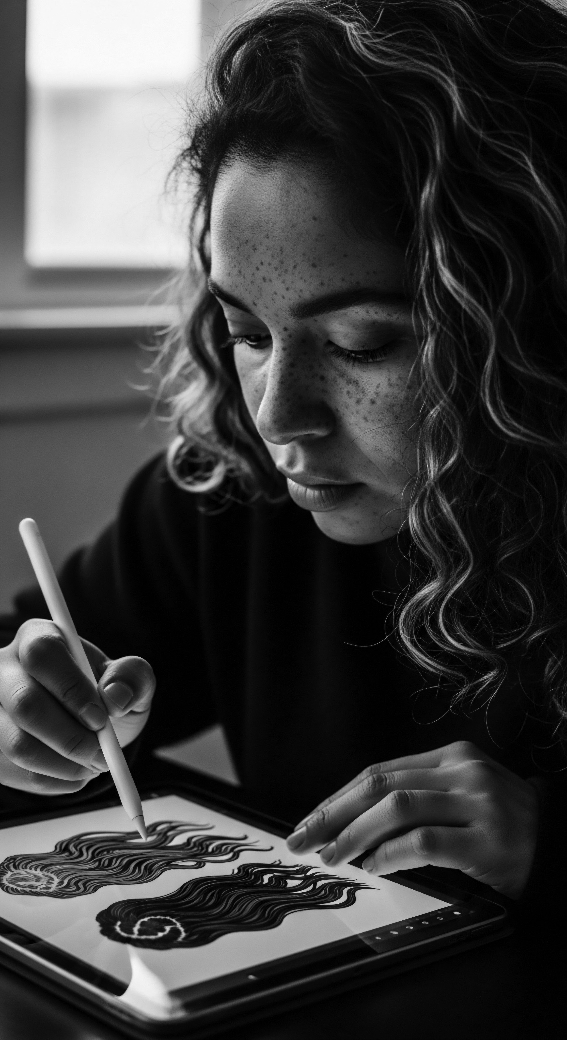 Artist Digital Drawing Curly Coiled Hair Design Black and White An artist intently captures the essence of coiled hair formations in a digital medium, honoring its structure and cultural significance. This design reflects the beauty in the helix form as she explores a blend of modern digital tools with heritage of expressive styling.