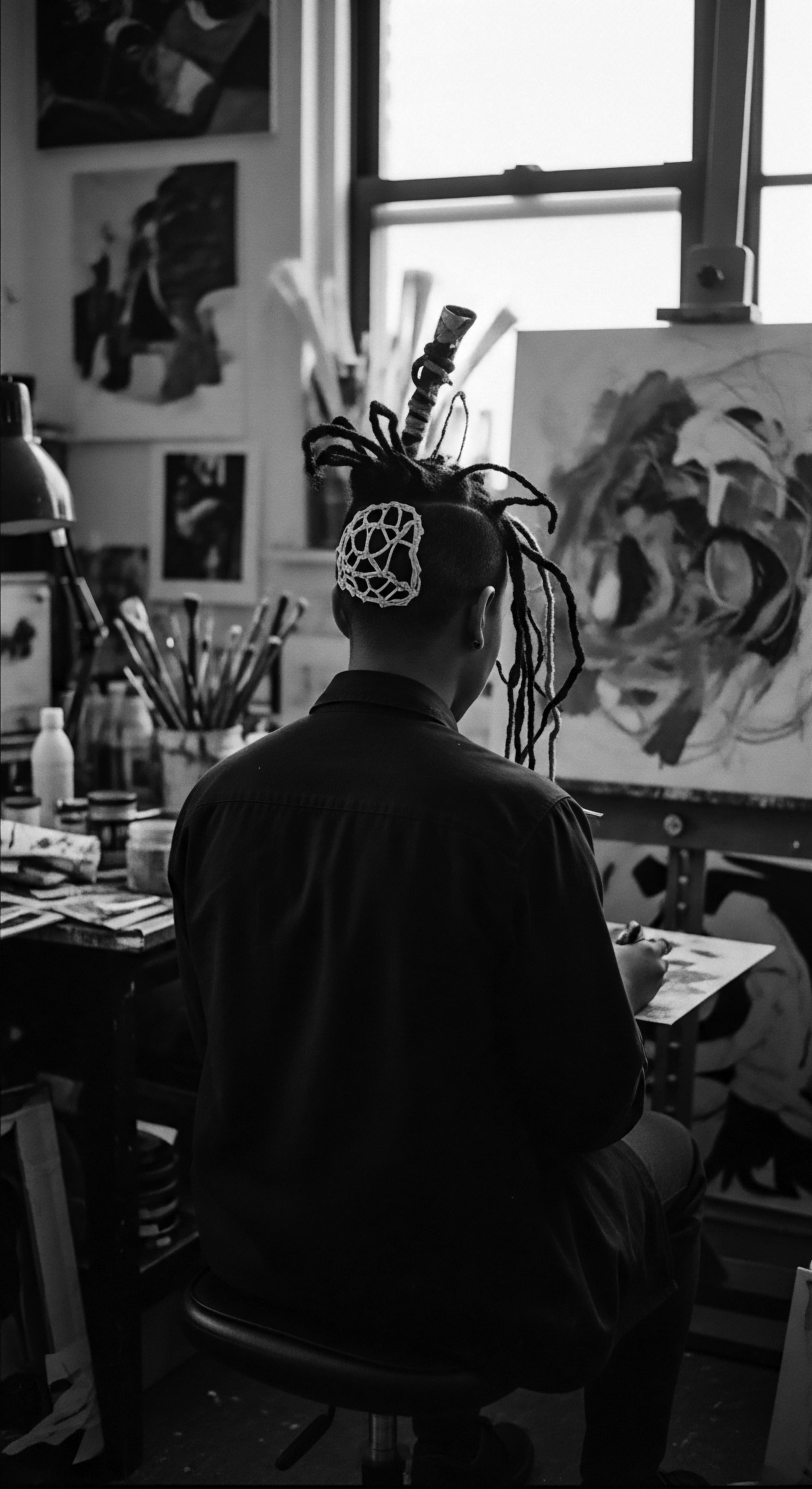 Artist in Studio Creating Expressionist Work with Textured Hairstyle Details Within a light-filled studio, an artist immersed in the creative act emphasizes the beauty of textured hair and its cultural significance. Each detail—from the unique geometric adornment to the focused expression—contributes to the captivating visual narrative of artistic expression rooted in heritage and innovation.