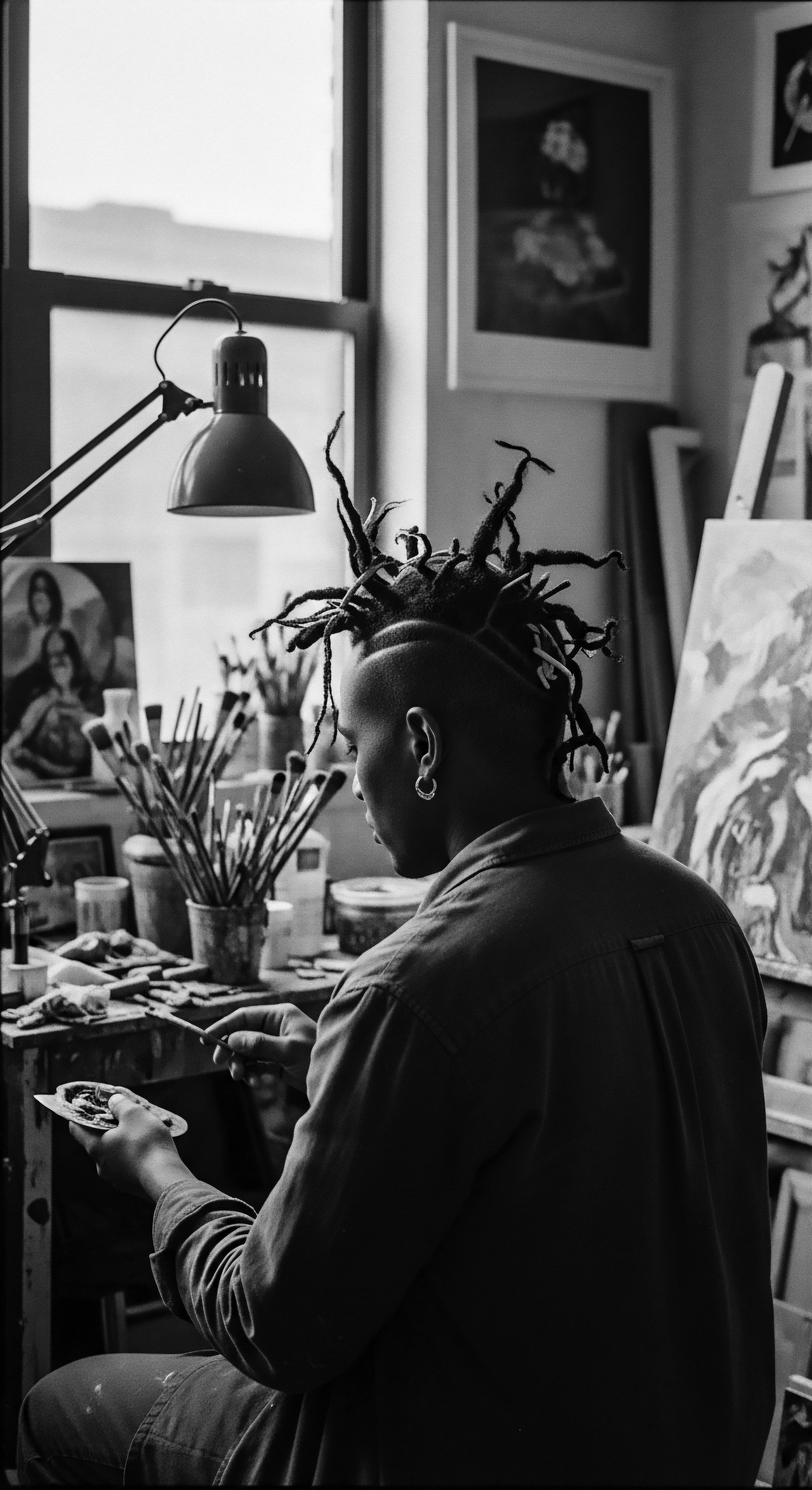 A focused artist with high-top dreadlocks, showcasing intricate coil formations, prepares paint. The black and white image, bathed in natural light, highlights the studio's creative atmosphere. His dedication reflects heritage within expressive styling, underscoring the mindful connection to ancestral artistry while seated at workspace.