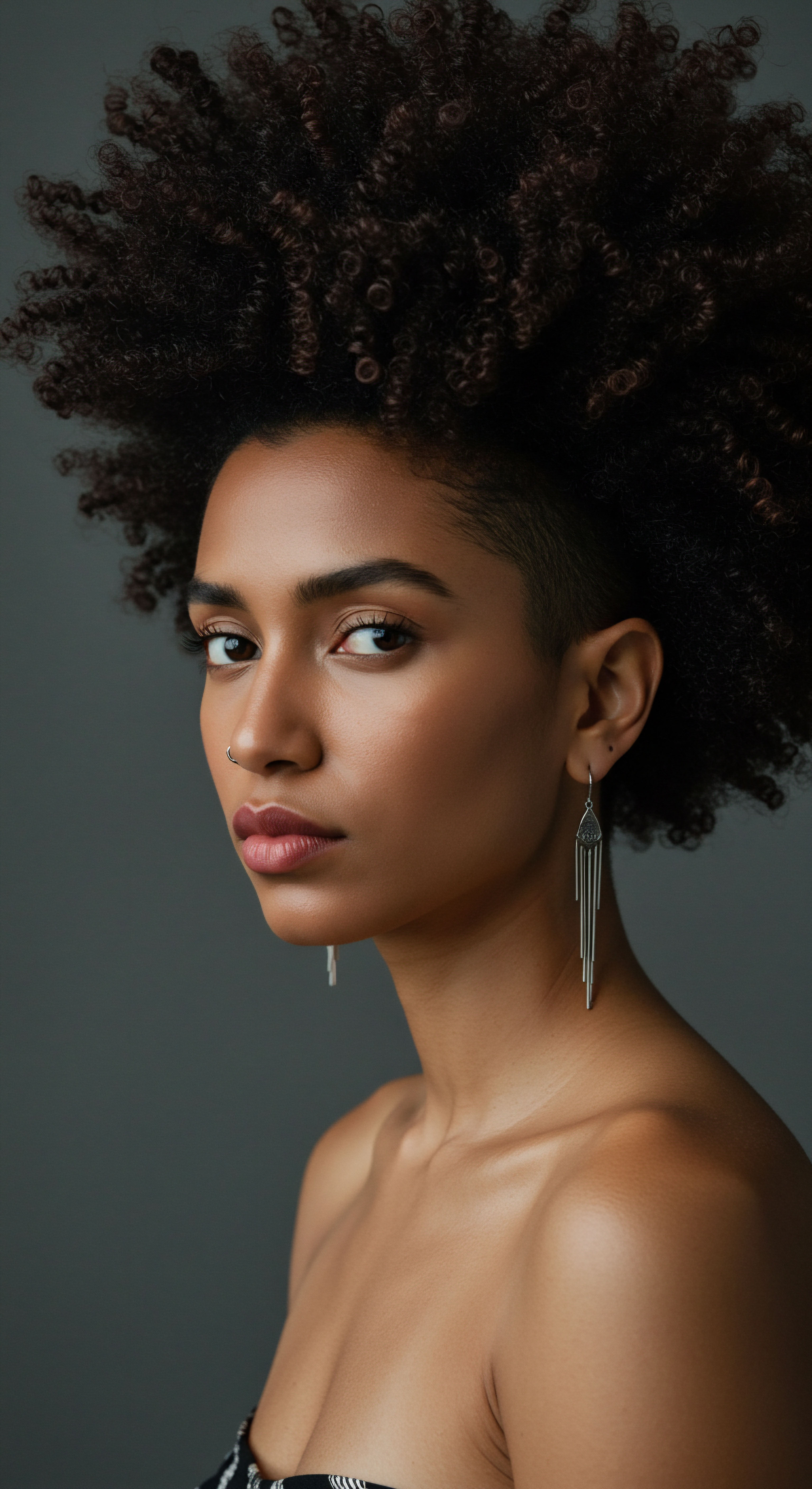 Authentic Afro-Textured Hair Coil Definition Heritage Volume and Intentional Styling This powerful image features Afro-textured hair showcasing rich spiraling patterns and vibrant natural expansion. The precise undercut styling and visible coil definition highlight dedicated hair care and moisture retention techniques. It embodies heritage and identity affirmation through artistic shaping.