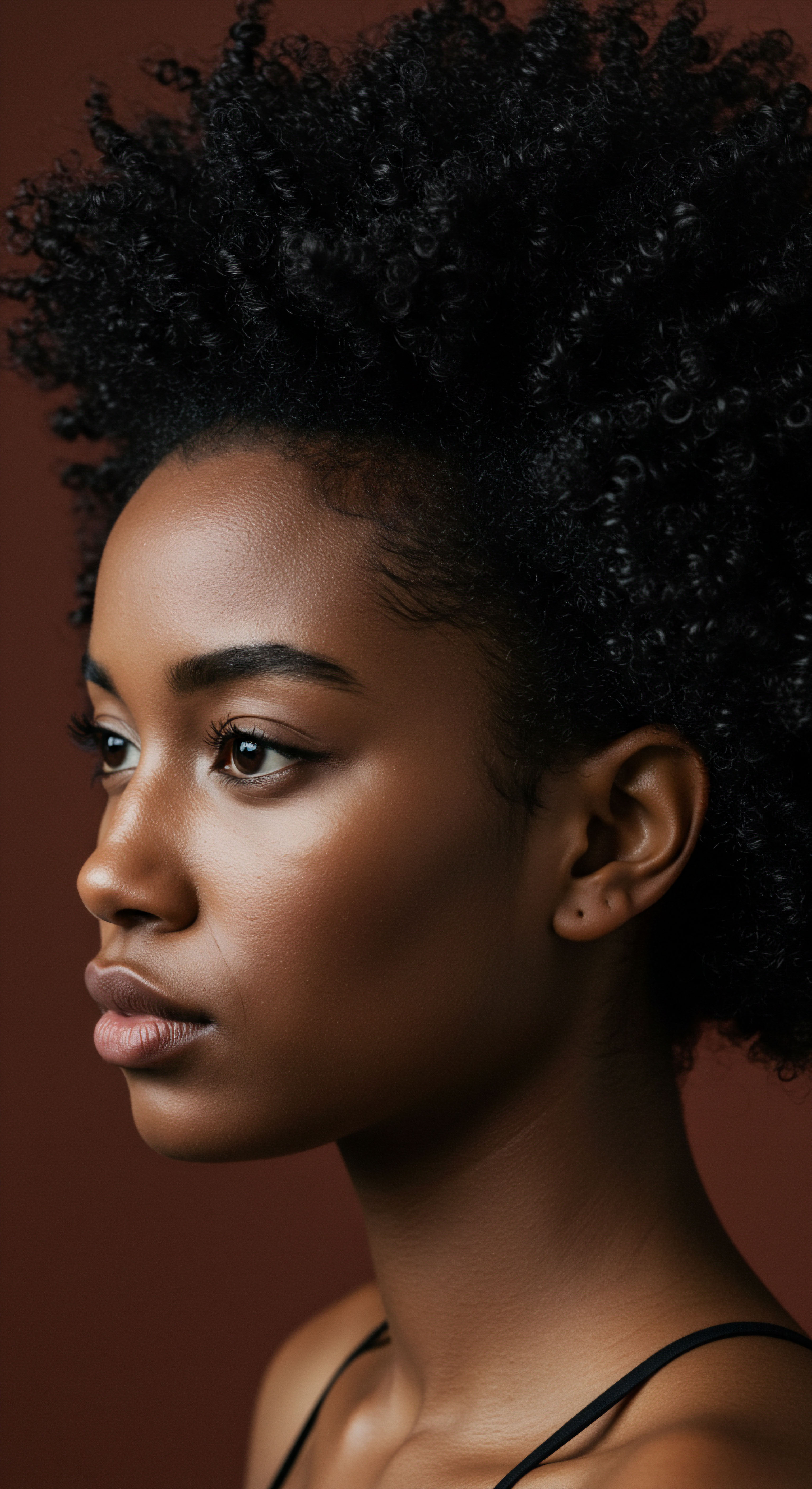 Authentic Afrotexture Heritage Celebrating Hydrated Skin and Defined Coiled Patterns Showcasing a woman with luminous melanin skin, her tightly wound, high-density black coils radiate health and vitality. This stunning representation emphasizes comprehensive textured hair care and traditional protective styling for maintaining natural pattern integrity, honouring Black hair heritage through deliberate nourishment and authentic beauty.