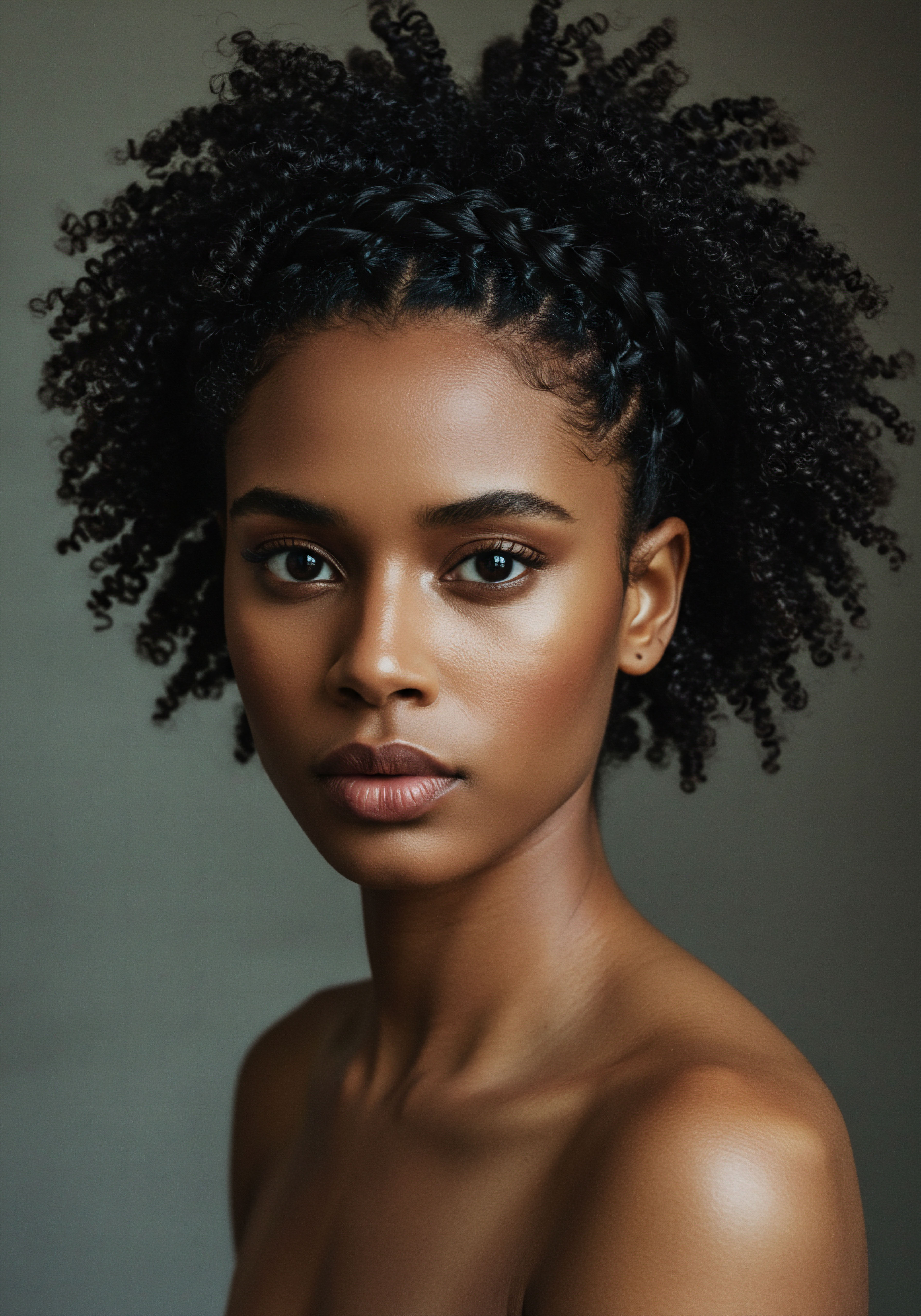 Authentic Melanin Rich Hair Defined Coils Protective Styling Heritage Care This captivating portrait beautifully portrays voluminous melanin-rich coily hair styled with intricate ancestral braiding, a key protective technique. Defined spirals underscore excellent moisture retention, scalp health, and superior fiber integrity. This demonstrates optimal hair porosity balance, celebrating textural beauty, cultural heritage, and effective regimen optimization.