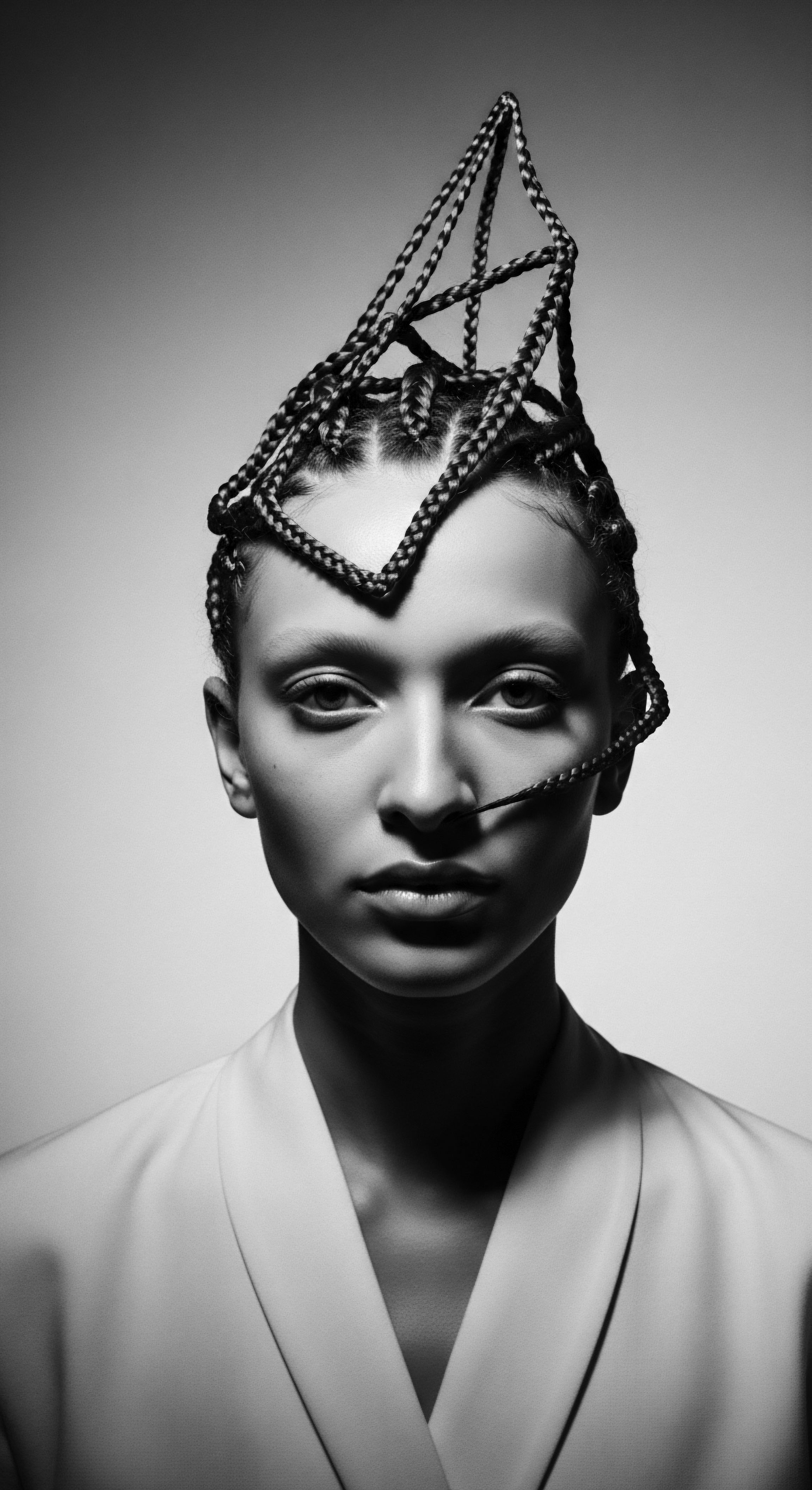 Avant-Garde Braided Crown A Celebration of Black Textured Hair Artistry This dramatic portrait honors ancestral heritage through avant-garde Fulani braiding artistry, showcasing the interplay of light and shadow on intricate textured hair forms, the design celebrates Black expressive styling while promoting holistic hair care, reflecting cultural pride in low porosity high-density coils and traditional hair practices.