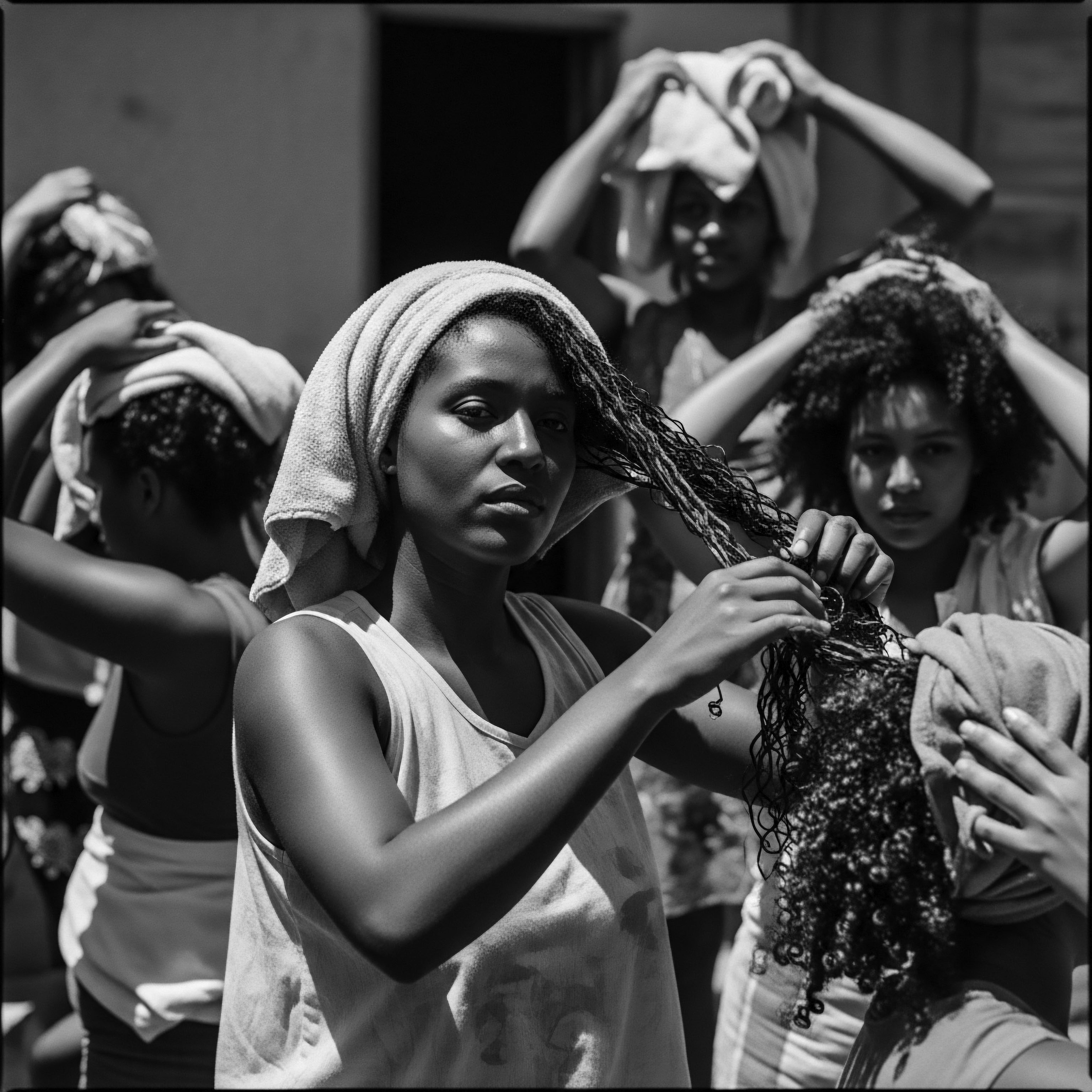 Black and Brown Women in Sunlight Styling Natural Textured Hair Bathed in radiant sunlight, these Black and Brown women engage in the practice of styling their diverse textured hair patterns, highlighting ancestral heritage, affirming beauty standards, and demonstrating holistic haircare routines that honor coils, waves, springs, and undulations in a shared setting, reflecting community and self-love.