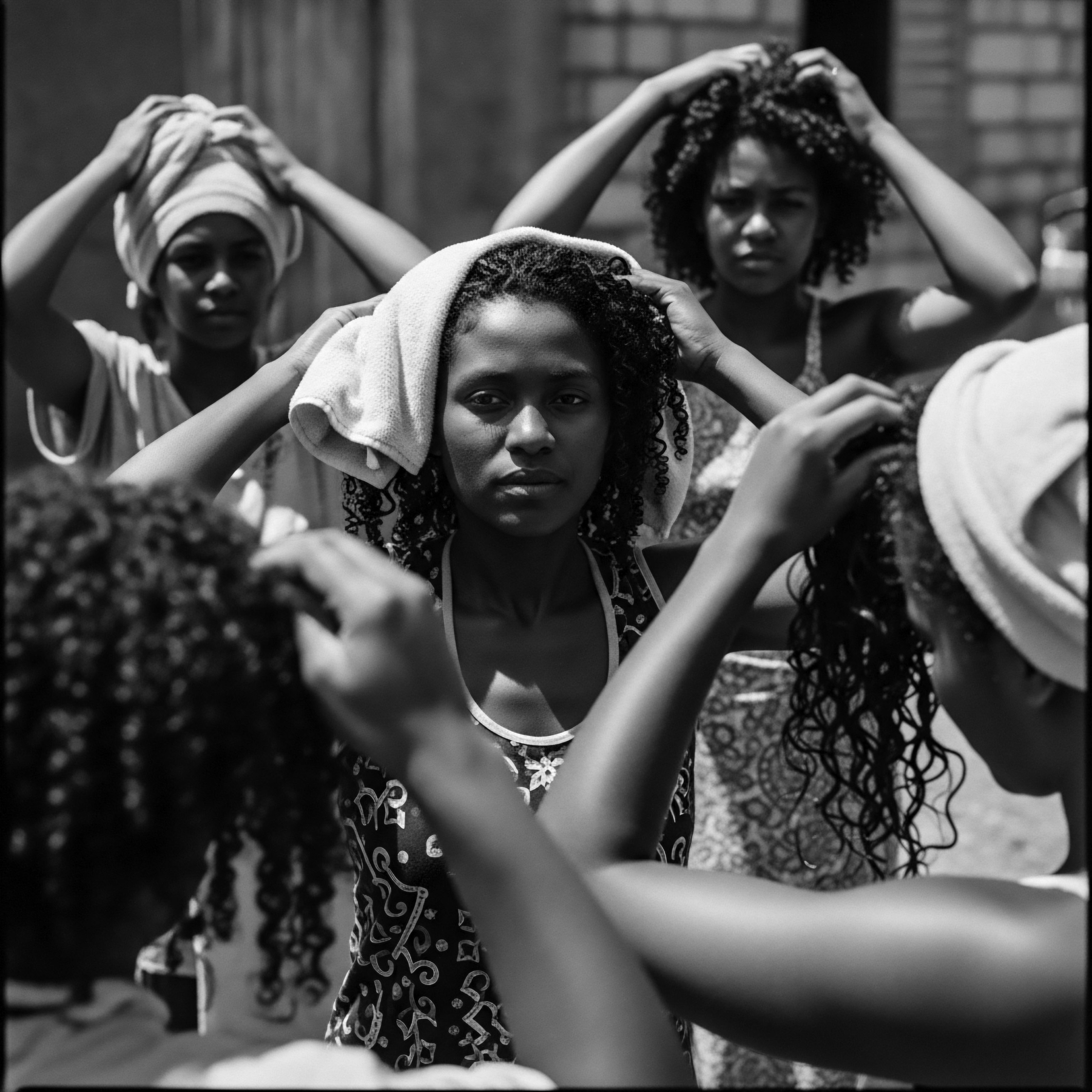 A group of women are depicted tending to their textured hair, freshly cleansed, in a sunlit outdoor setting. Their diverse afro hairstyles, ranging from tight coils to flowing spirals, are framed by their hands. The scene celebrates the beauty and ancestral heritage of Black and mixed-race hair.