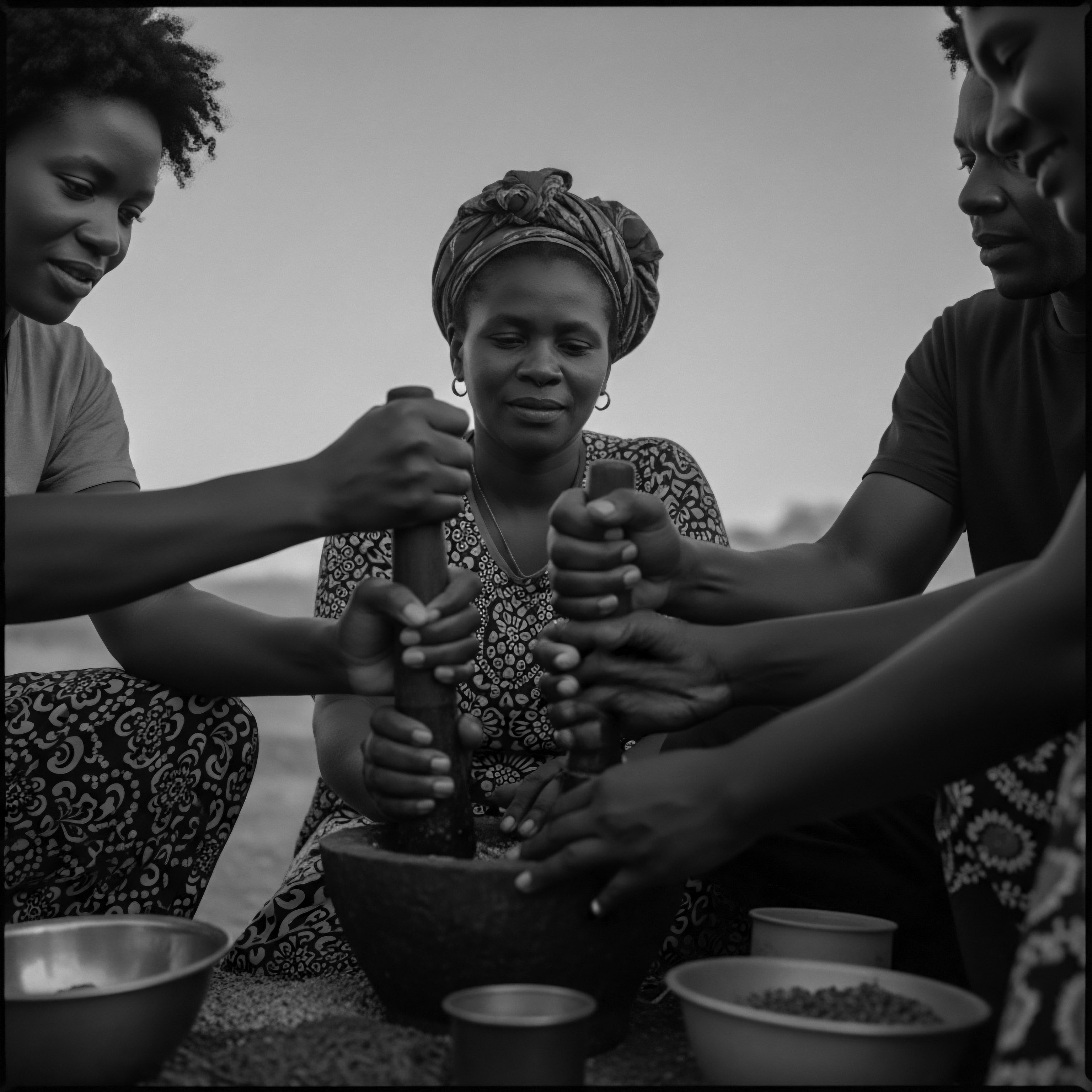 Black and White Image Depicting Grinding Grain with Traditional Hair Wraps The textured hair styles and the cooperative act of grinding grain symbolizes community wellness. This scene emphasizes the interwoven nature of ancestral heritage, cultural identity, and holistic hair care practices, reflecting the traditional roots and beauty rituals deeply embedded within Black communities.