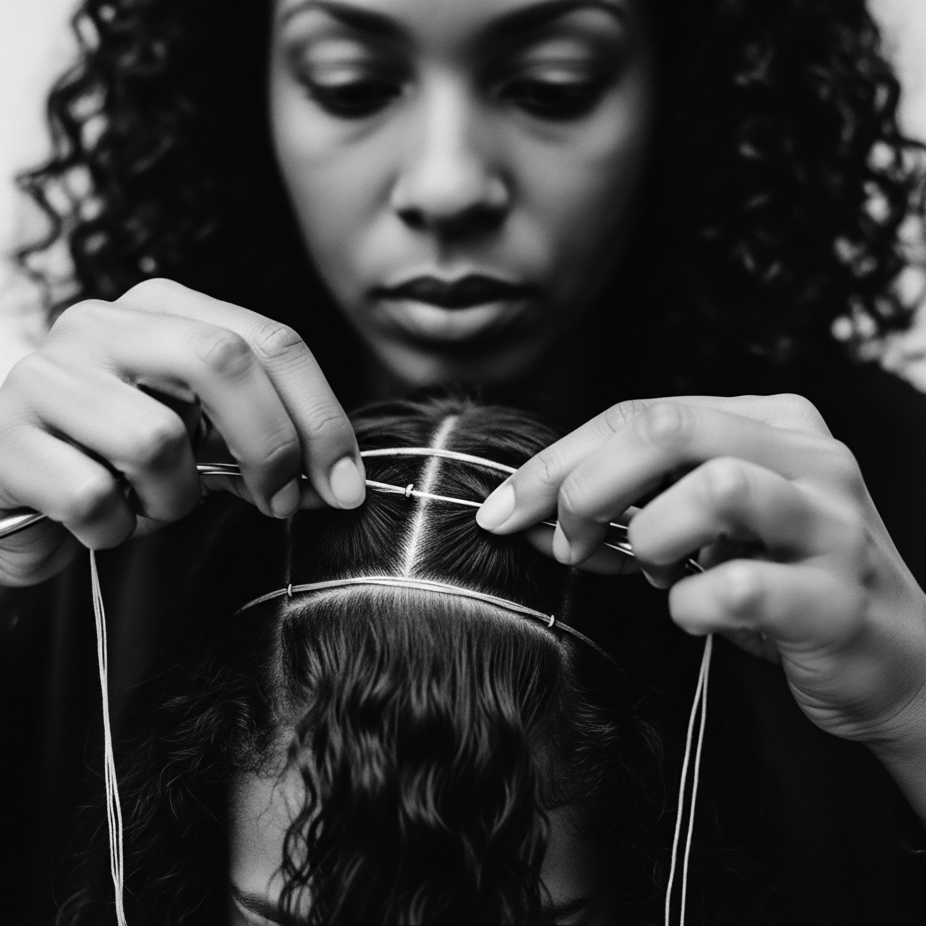 Black and White Image of Textured Hair Parting and Styling Process The image beautifully captures the essence of textured hair artistry, reflecting ancestral heritage through expert sectioning and styling techniques. This moment highlights the care, tradition, and precision inherent in nurturing coiled hair formations, celebrating the legacy and beauty of Black hair traditions.