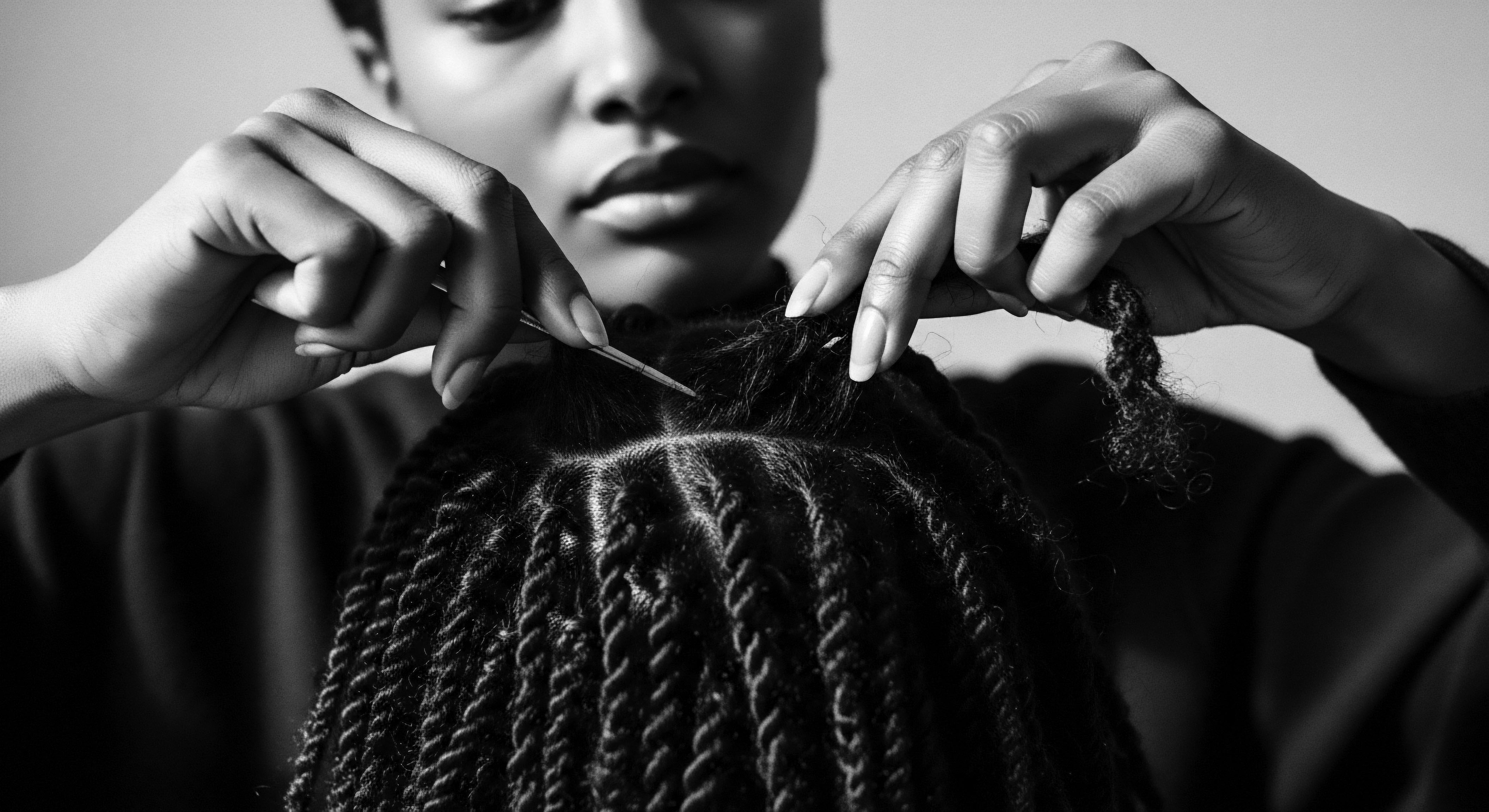 Black and White Image of Textured Hair Stylist Creating Protective Hairstyles The black and white tone adds a timeless quality to this scene of cultural exchange, inviting contemplation on the ancestral heritage embodied in textured hair, its ongoing evolution within modern beauty standards, and the commitment to its care and creative expression.