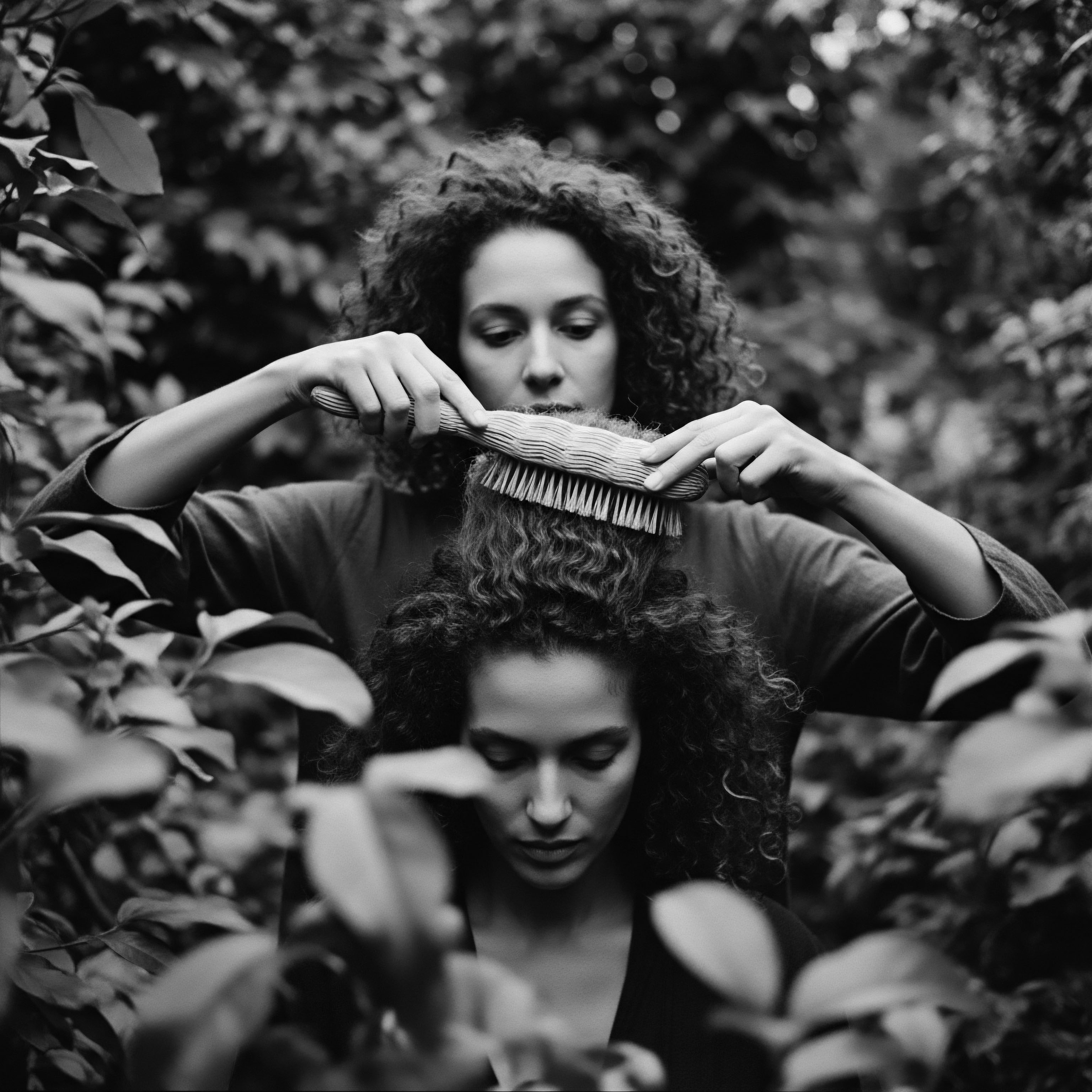 Black and White Image of Woman Brushing Other Woman’s Textured Hair The monochrome image encapsulates the nuanced art of textured hair care, with one woman tending to another's coiled hair formation in a moment of shared wellness and ancestral heritage a poignant reminder of the interconnectedness of hair, health, and heritage rituals.