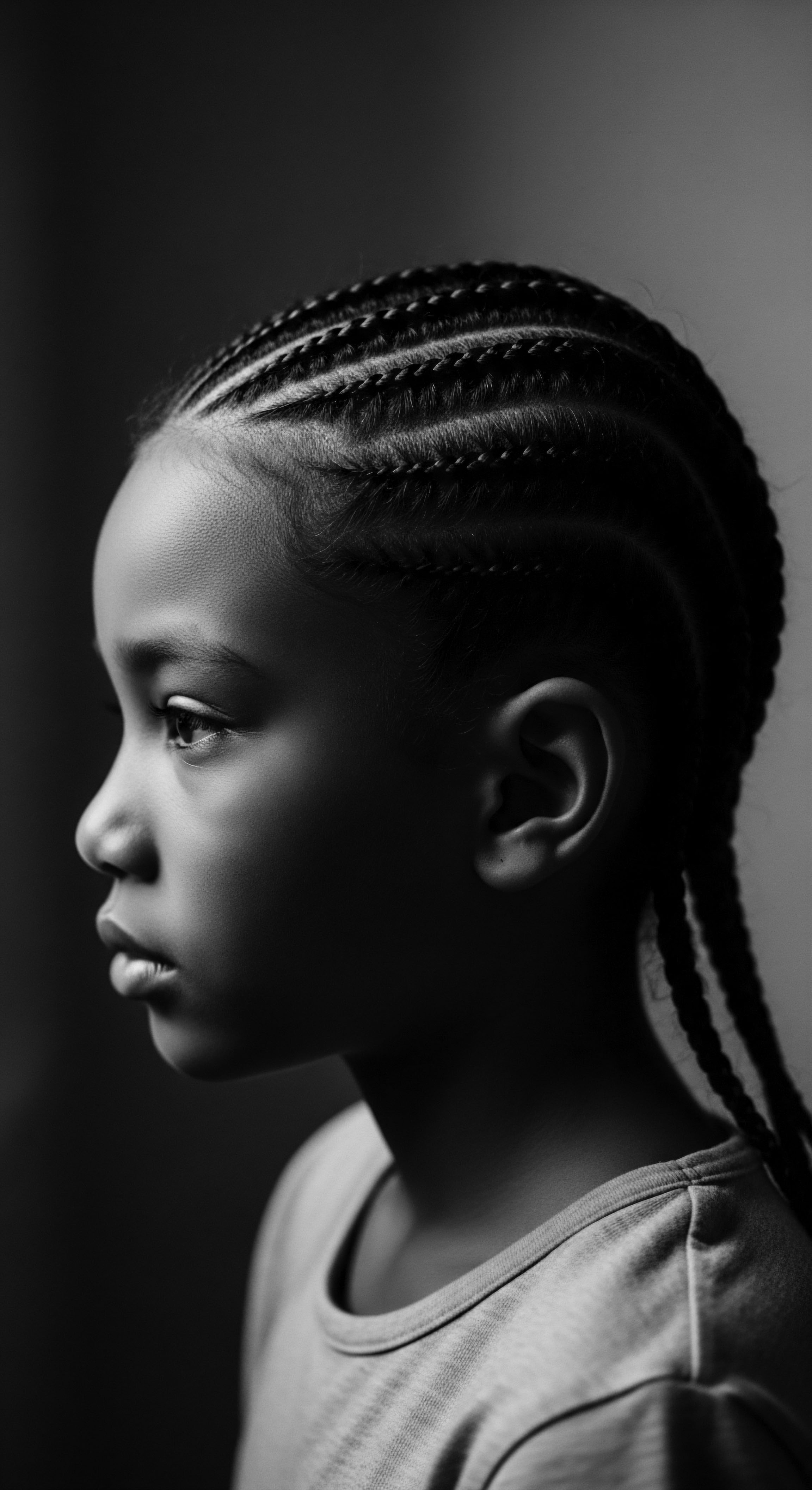 Black and White Portrait of a Girl with Intricate Braided Hairstyle This evocative portrait captures the elegance of carefully styled cornrows, celebrating a cultural heritage through the art of braiding. The monochromatic palette draws focus to the delicate facial features and the intricate details of each braid, an emblem of youthful resilience.