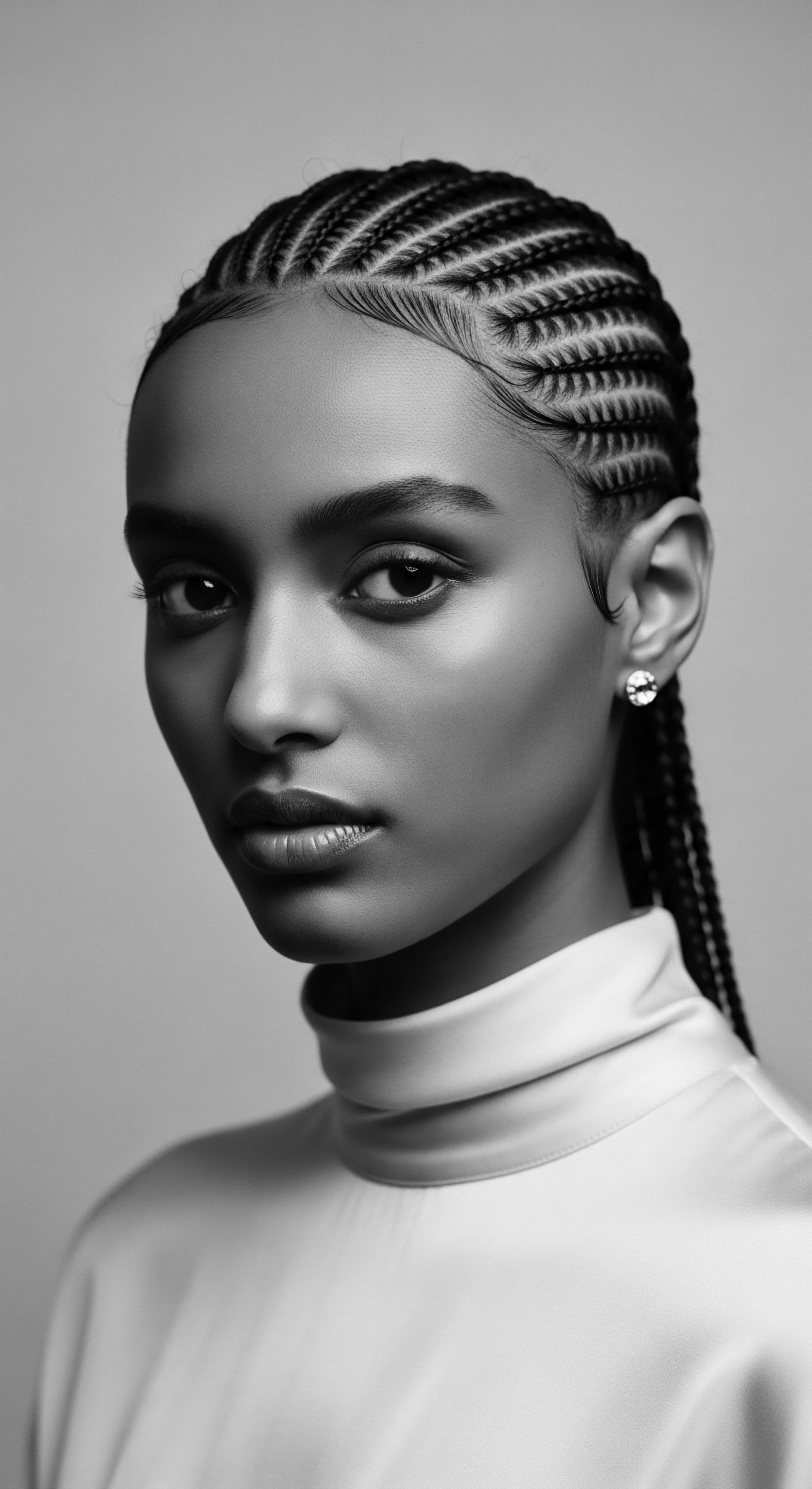 The woman's gaze is intense, drawing viewers into a deeper contemplation of beauty and heritage as seen in her expertly styled cornrows. The monochrome palette underscores the power of texture and light, echoing ancestral ties and the artistry inherent in Black hair styling, promoting cultural expression.