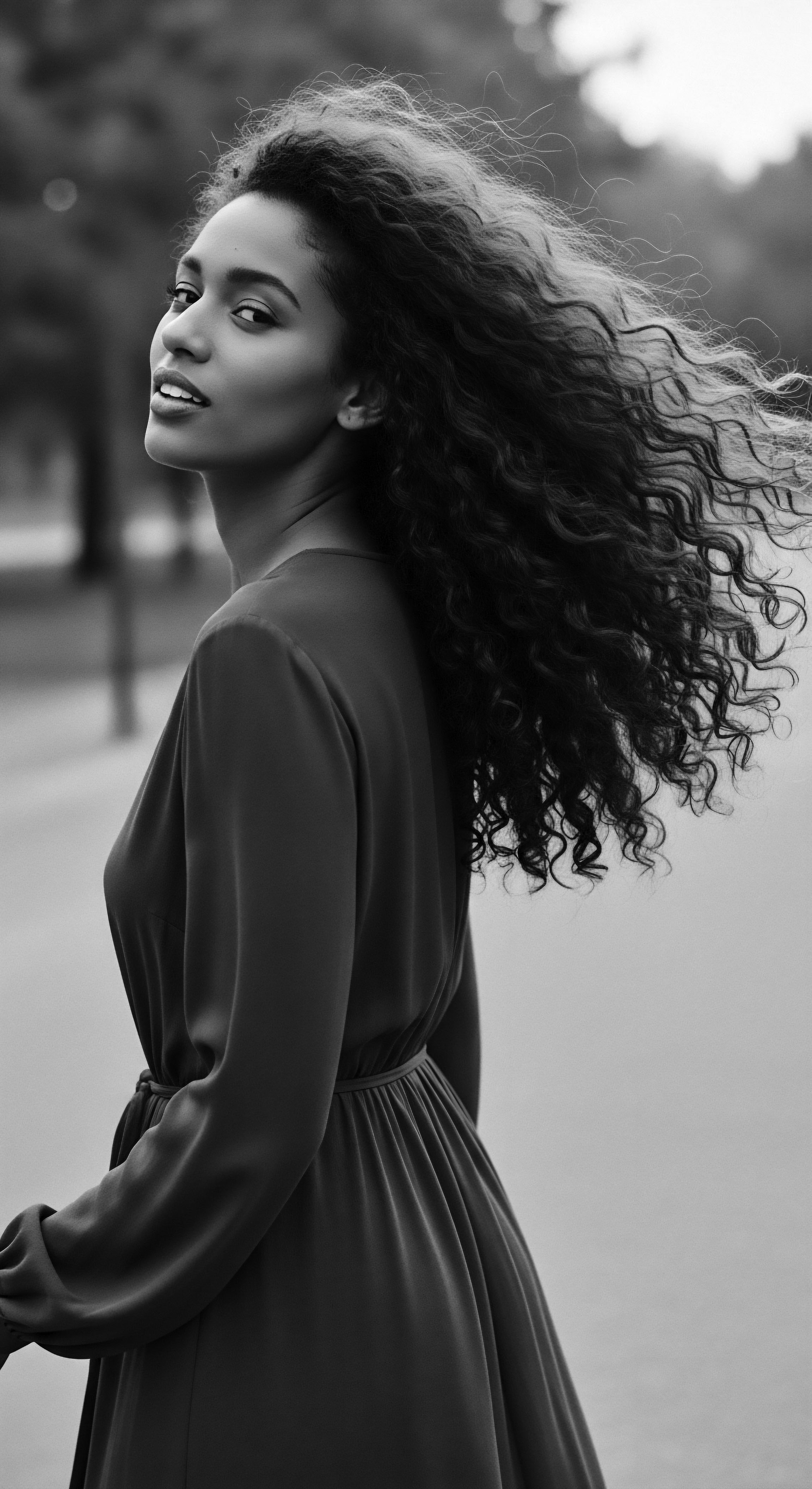 A monochrome image portrays a woman with abundantly spiraling, textured hair caught in mid-motion, highlighting its unique texture. She looks back, the soft light accentuating her features, and her elegant long-sleeved dress emphasizes her poise. The photograph captures a moment of natural beauty and dynamic movement.