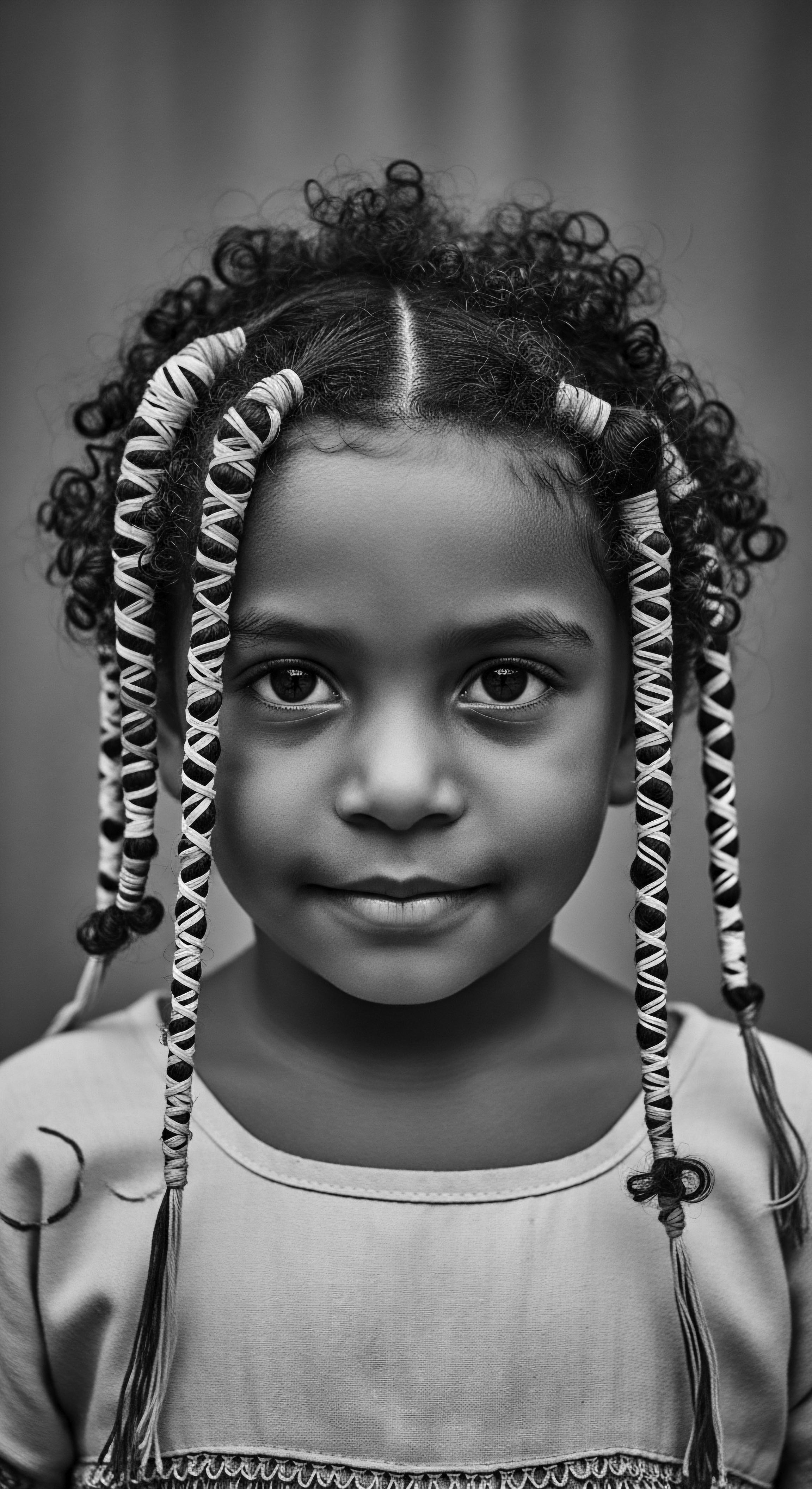 Monochromatic portrait showcases a young girl with striking, coiled hair formations adorned with wrapped thread, framing her face. Intricate braids cascade, highlighting the natural texture and cultural heritage. The soft light emphasizes her features, creating depth within the contrast of black and white photography, echoing ancestral stories.