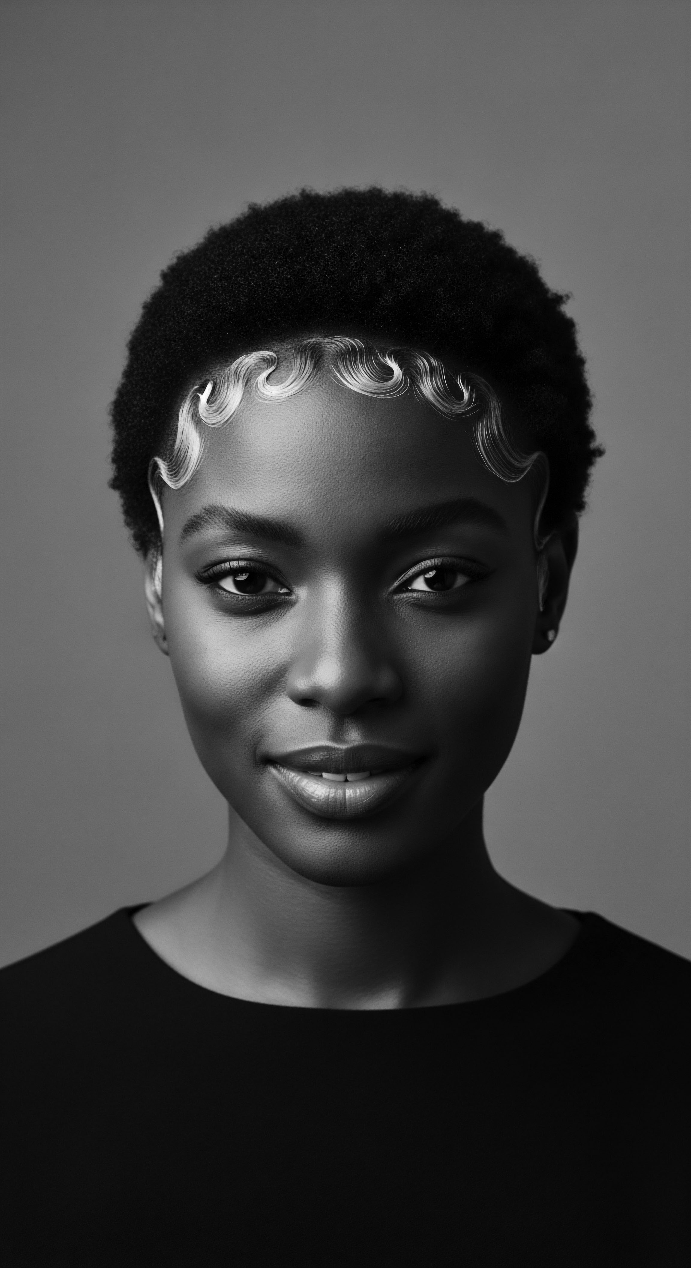 Black and White Portrait of a Young Woman with Textured Hair Design Monochrome artistry captures a poised woman with sculpted Afro textured hair, her captivating gaze reflecting confidence and heritage. The artful design and light interplay enhance the beauty of her hair texture, celebrating individuality. This photograph speaks to identity and ancestral connection through expressive hairstyling.