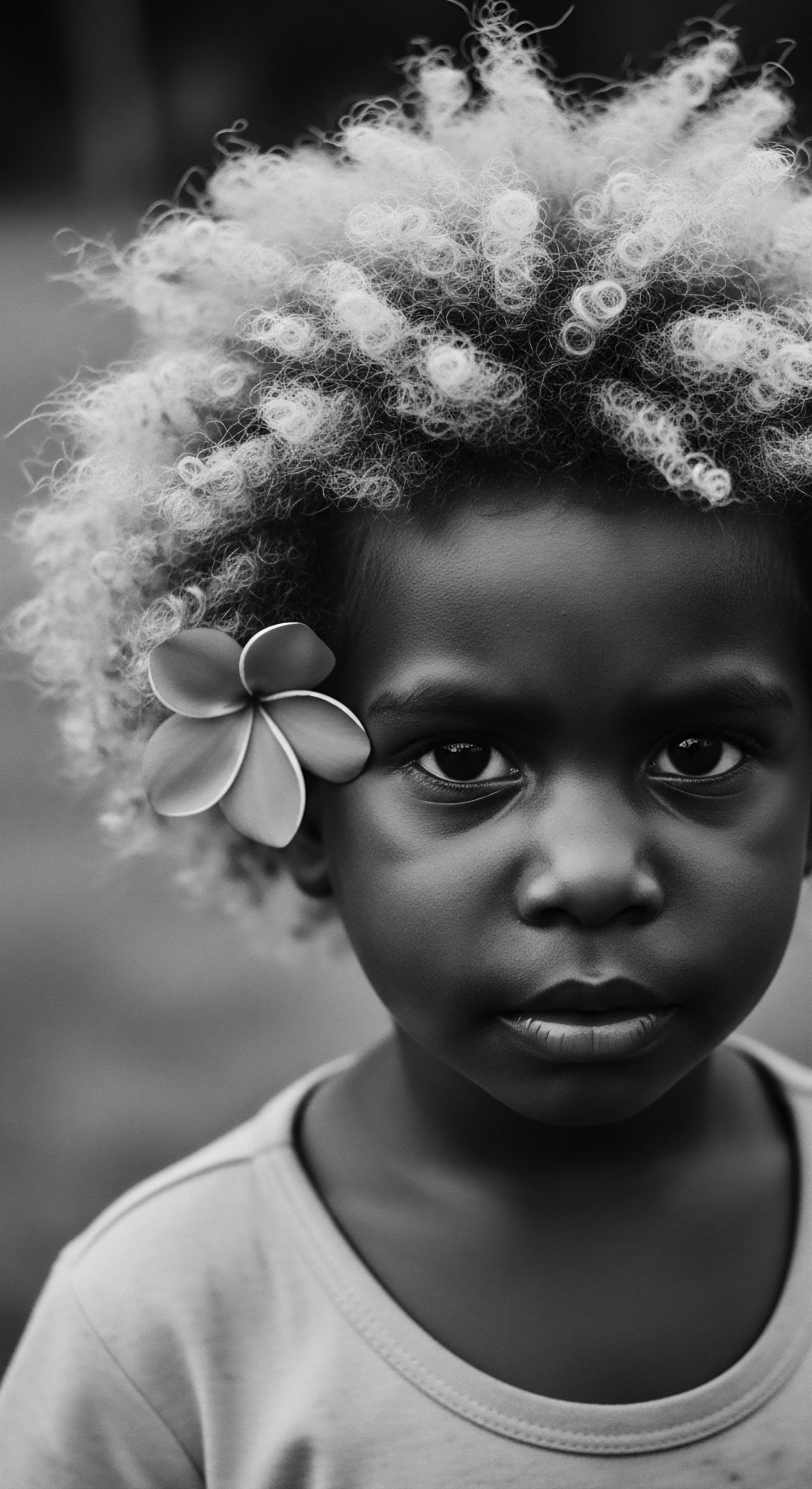Black and White Portrait of Child with Coiled Hair and Flower Adornment The striking monochrome portrait reveals a child, their high porosity coiled hair accented by a flower. Ancestral heritage merges with individualized holistic expression as light emphasizes distinct textured formations. This image speaks to the heart of cultural identity and self-celebration through natural hair.