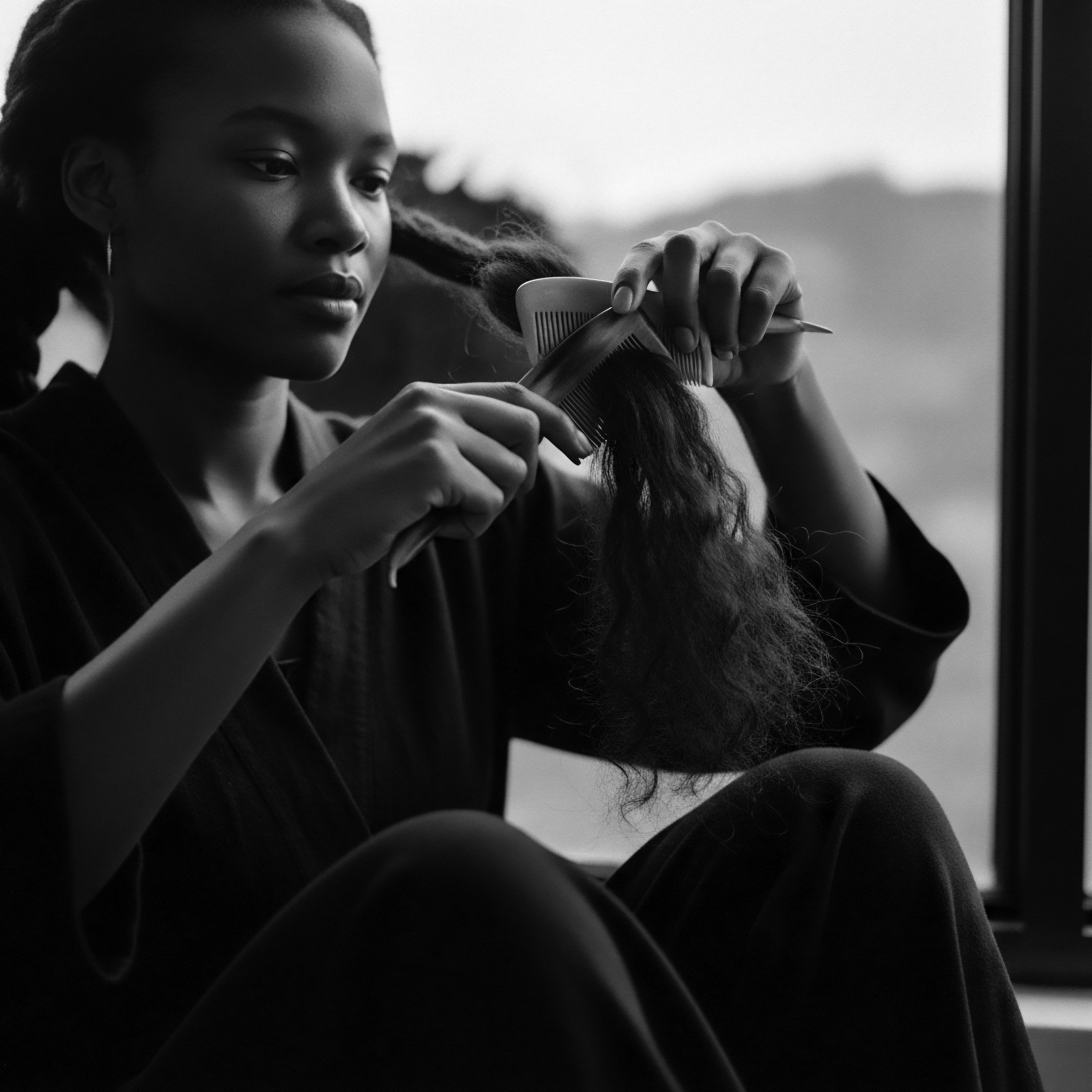 Black and White Portrait of Woman Detangling Textured Hair Near Window The quiet moment of detangling textured hair reflects a deeper commitment to holistic self-care practices rooted in honoring ancestral hair traditions, where each coil and spring is gently nurtured and celebrated, showcasing the beauty and resilience of Black hair.