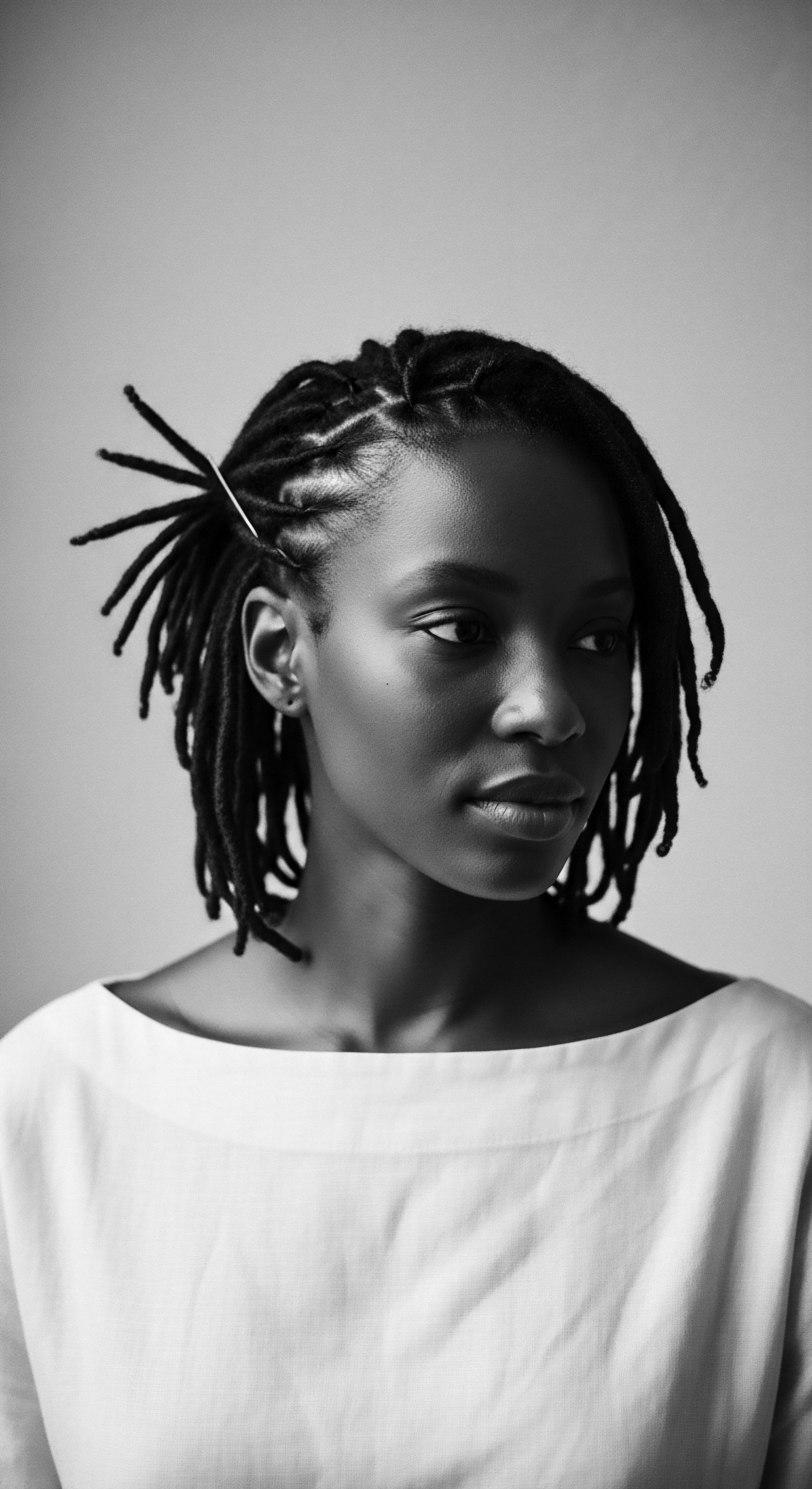 Black and White Portrait of Woman with Braided Locs and Hairpin The portrait captures the strength and grace of a Black woman, her distinct hair crafted into a culturally rich style of braided locs, enhanced by a simple hairpin her textured hair serves as a connection to identity, heritage, and expressive styling.