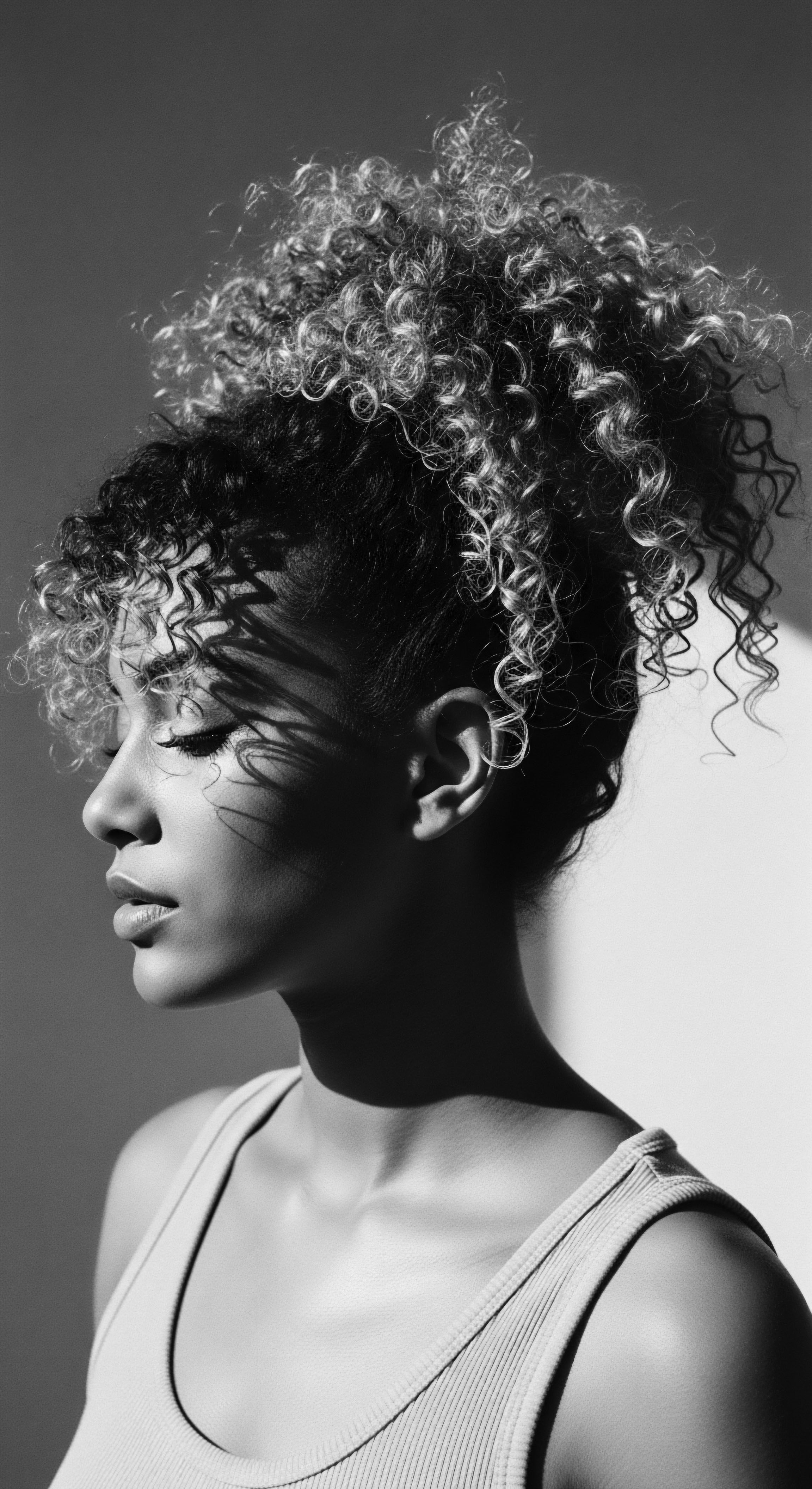 Black and White Portrait of Woman with Coiled Afro Textured Hair Style The interplay of light and shadow on her face, partially veiled by her hair's coiled halo, suggests introspection and strength. This striking portrait celebrates natural coiled texture and is a powerful representation of ancestral beauty, resonating deeply with cultural heritage and individual expression, and advocating mindful hair wellness.