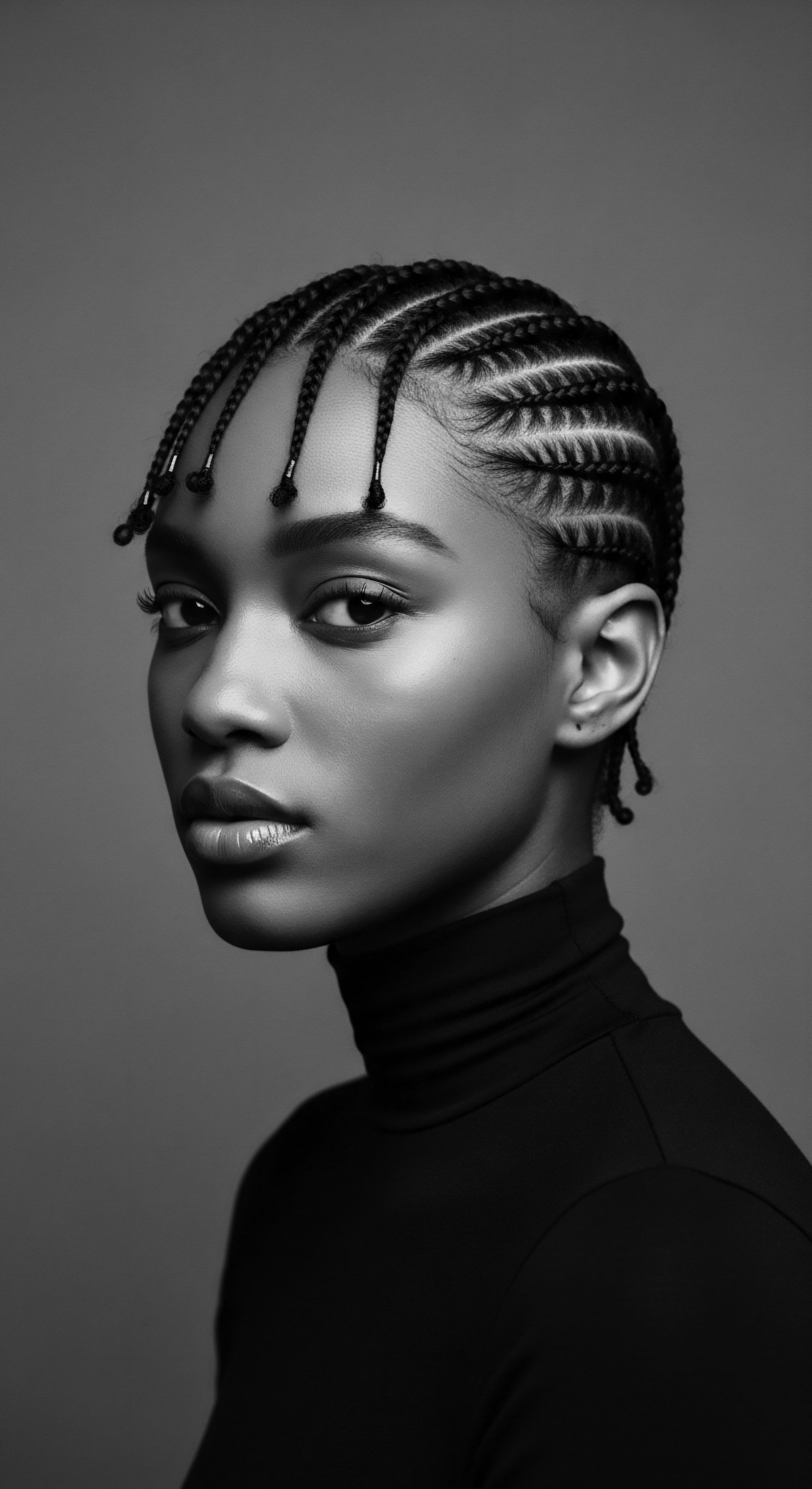 This striking monochrome image evokes a sense of ancestral heritage through the geometric artistry of cornrow braids, a timeless expression of Black hair traditions. The portrait captures the interplay of light and shadow, emphasizing the beauty and cultural significance of this expressive styling and textured hair formation.
