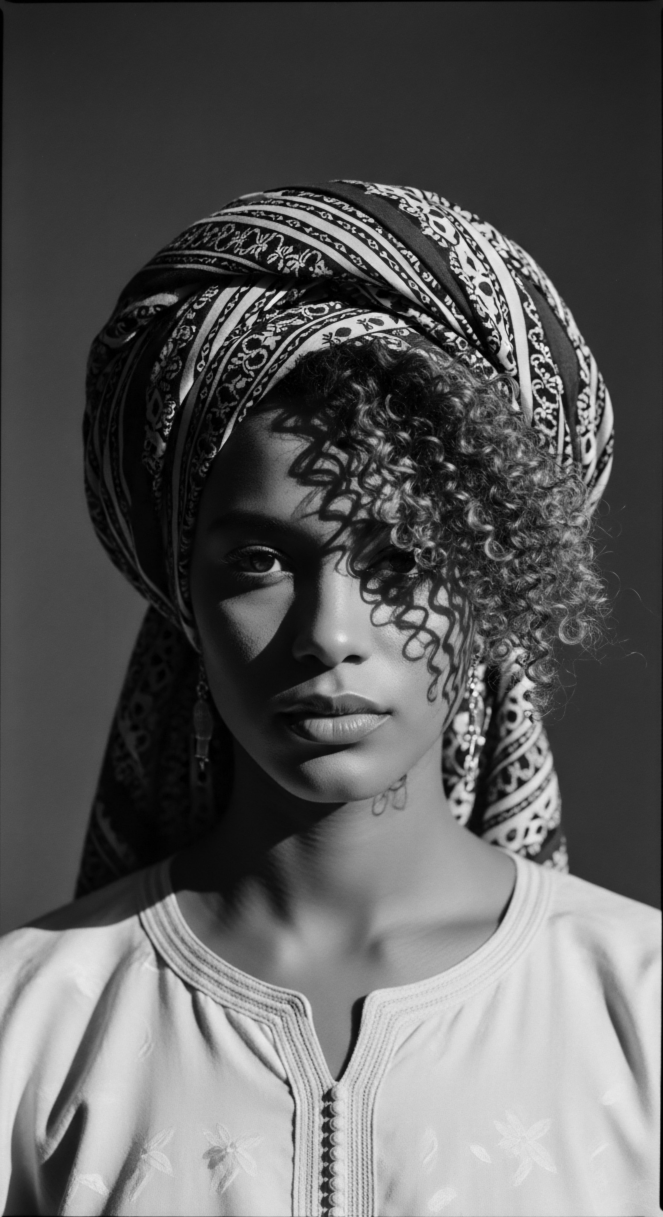 The monochrome palette accentuates the woman's luminous skin and the textured headwrap, inviting contemplation of ancestral heritage, natural hair formations, and the profound beauty found in embracing authentic expression and holistic wellness practices within Black hair traditions and mixed-race narratives.