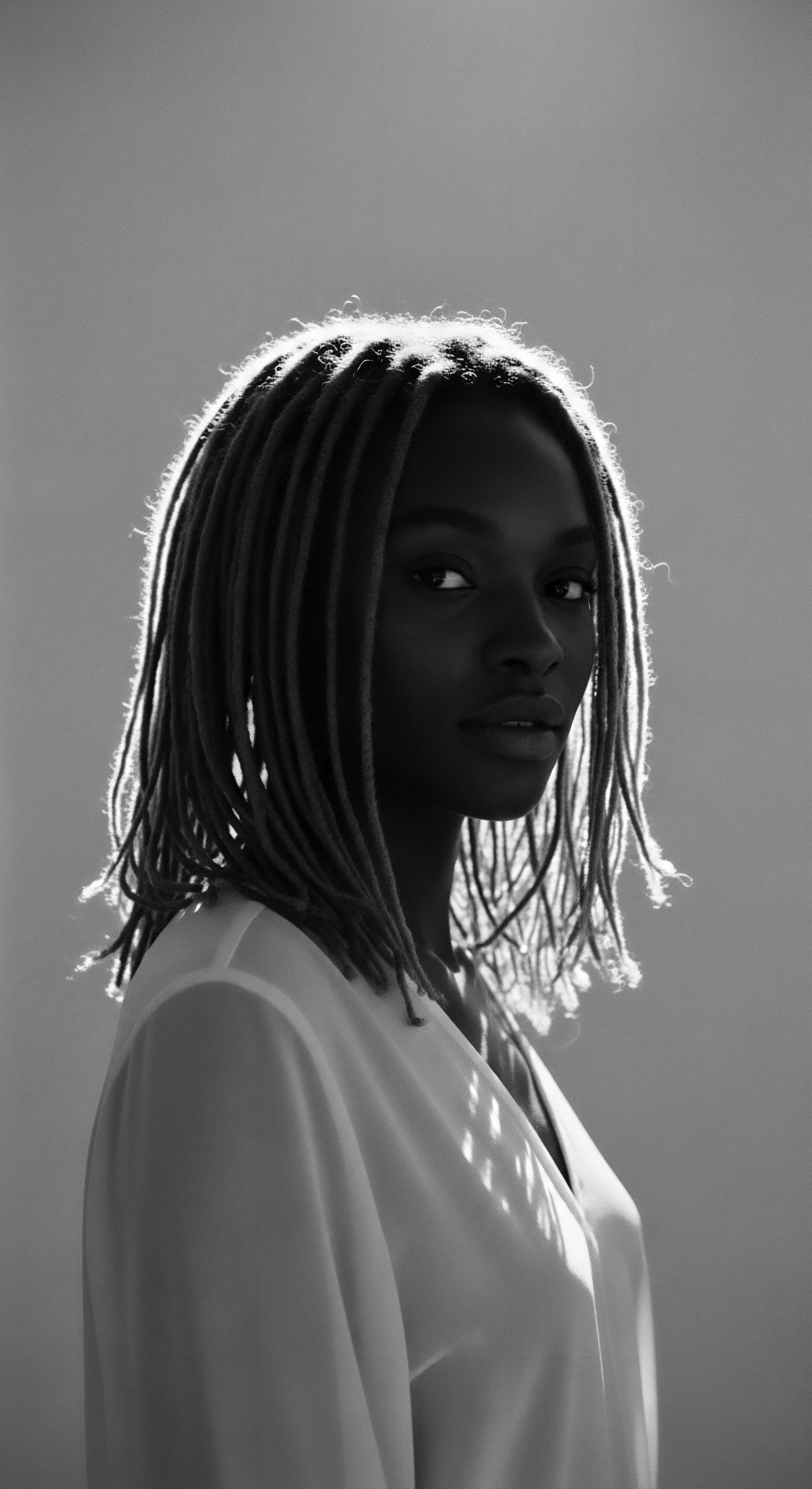 Black and White Portrait of Woman with Protective Locs and Natural Radiance This striking portrait celebrates the beauty and cultural significance of locs, a protective style often representing ancestral heritage and a connection to Black hair traditions. The luminous backdrop contrasts with shadowed areas to create a deep, contemplative focus on identity and pride.