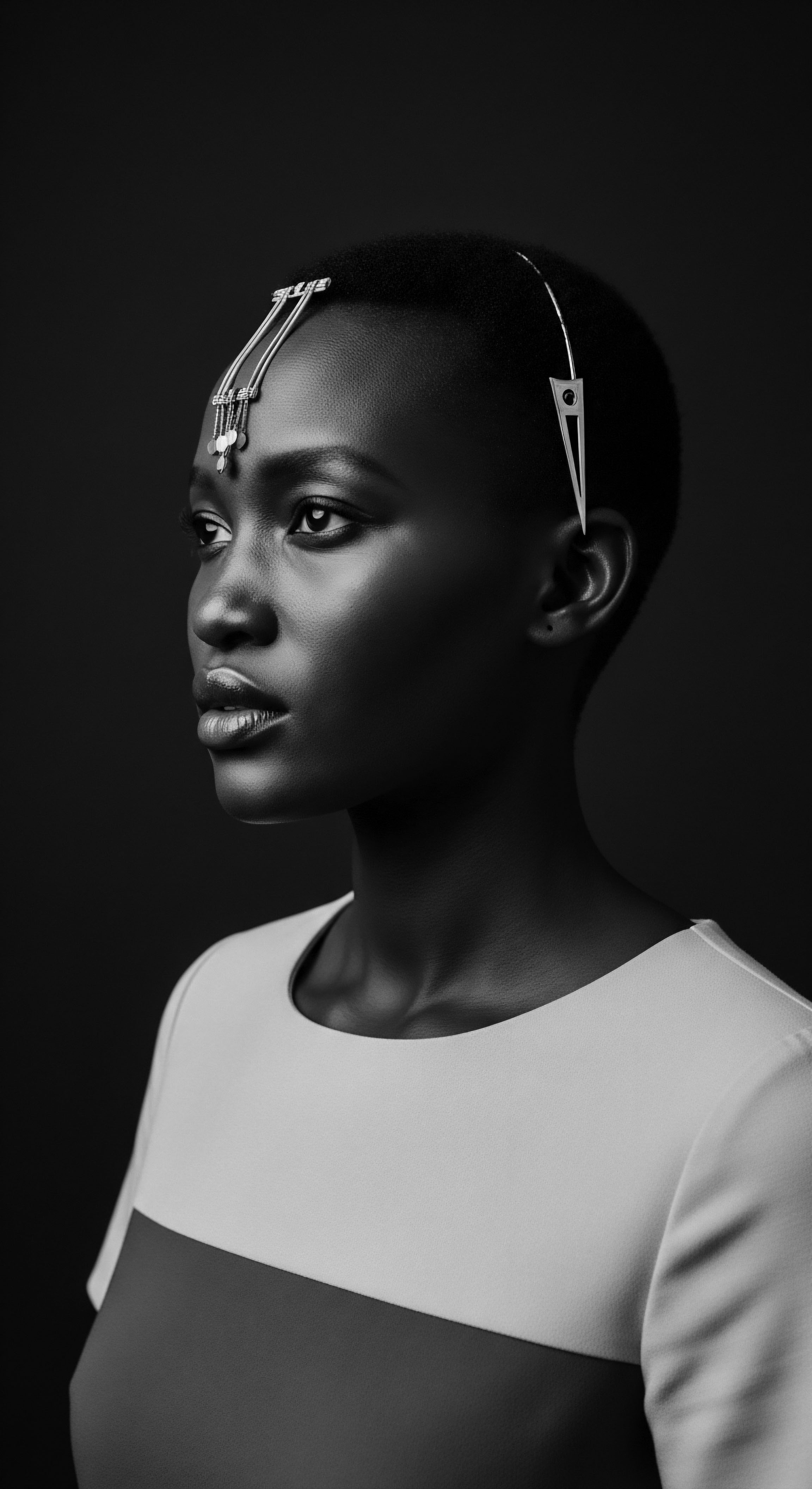 Black and White Portrait of Woman with Sleek Short Hair Adorned Jewelry An evocative image showcasing minimalist adornment emphasizing elegance in afro hair, her silver head jewelry speaks to ancient African hair traditions and modern aesthetic principles. This portrait explores heritage and self-expression within the nuanced conversation of textured hair and identity, with deep cultural roots.
