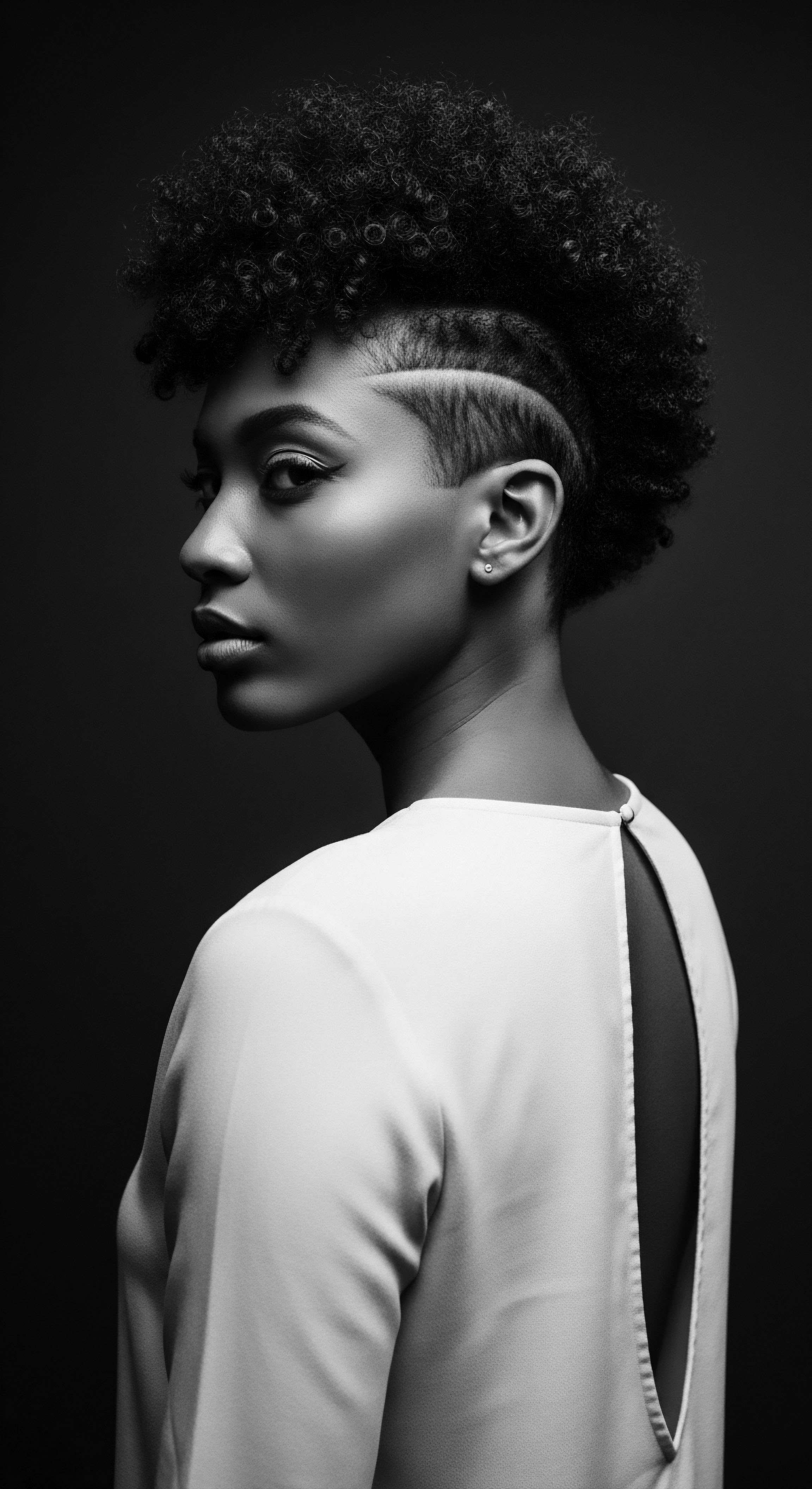 Black and White Portrait of Woman with Textured Hair and Undercut Design This striking black and white image captures the essence of natural hair texture, enhanced by the bold undercut design and the subject's commanding presence. This portrait evokes the beauty of self-expression through distinctive hairstyles and the power of embracing natural formations within a heritage of African diaspora.