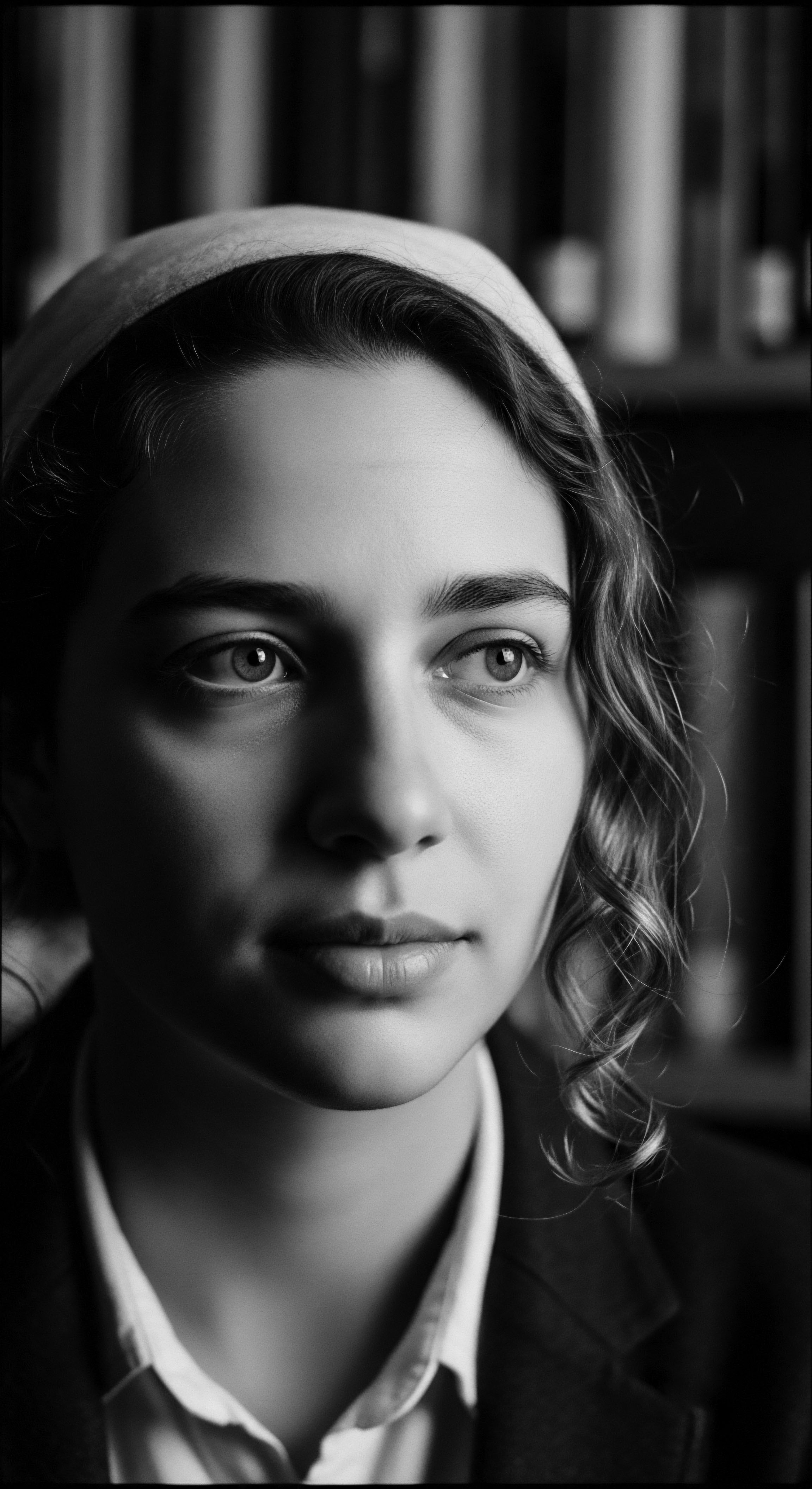 Black and White Portrait of Young Woman with Coiled Hair This black and white image explores themes of heritage and self-expression, featuring a woman's thoughtful gaze and coiled textured hair, subtly framed by a head covering. The portrait invites contemplation on identity, captured with soft light that emphasizes both inner reflection and cultural connections.