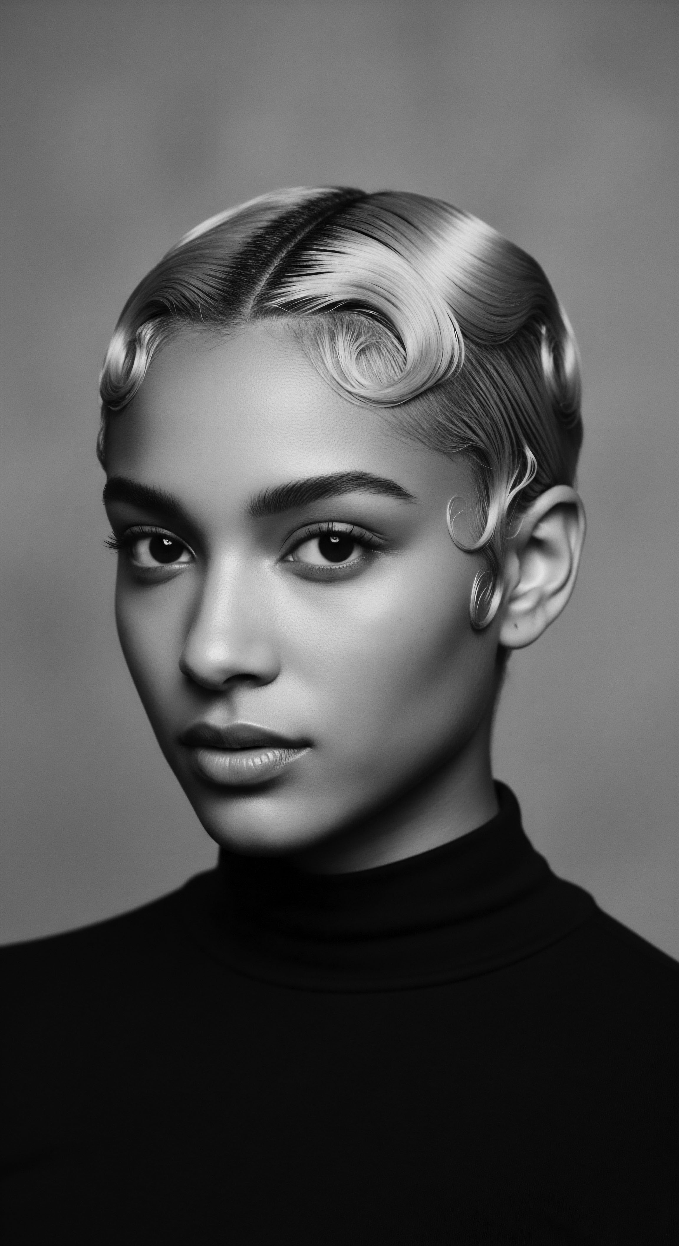 Elegant monochromatic study featuring a young woman with beautifully sculpted platinum finger waves, highlighting the intricate detail of vintage hair styling techniques. The juxtaposition of light and shadow emphasizes the timeless allure of expressive black hair traditions and celebrates nuanced artistry in textured hair styling.
