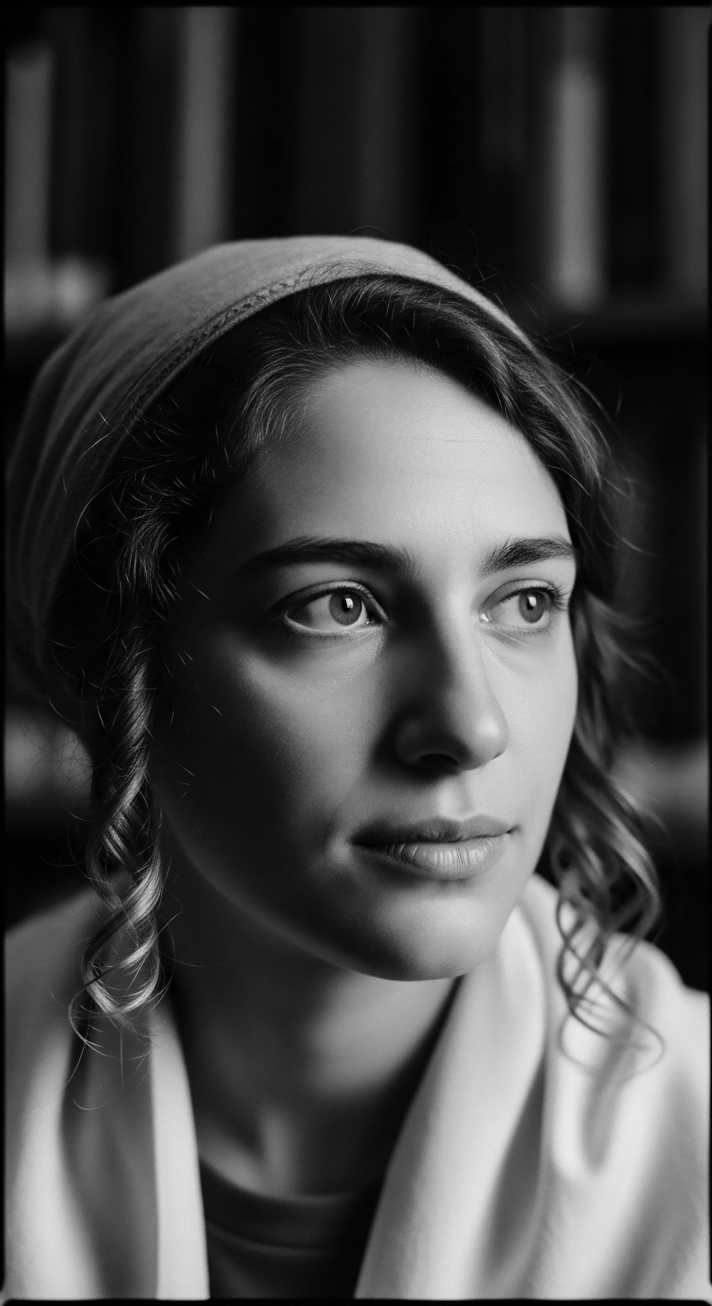 Monochrome portrait captures a fair-skinned woman wearing a headband, framing naturally textured undulations around her face. Soft light accentuates the hair's helical pattern while gentle shadows define her features. The image evokes contemplations of ancestral identity through simple elegant styling practices.
