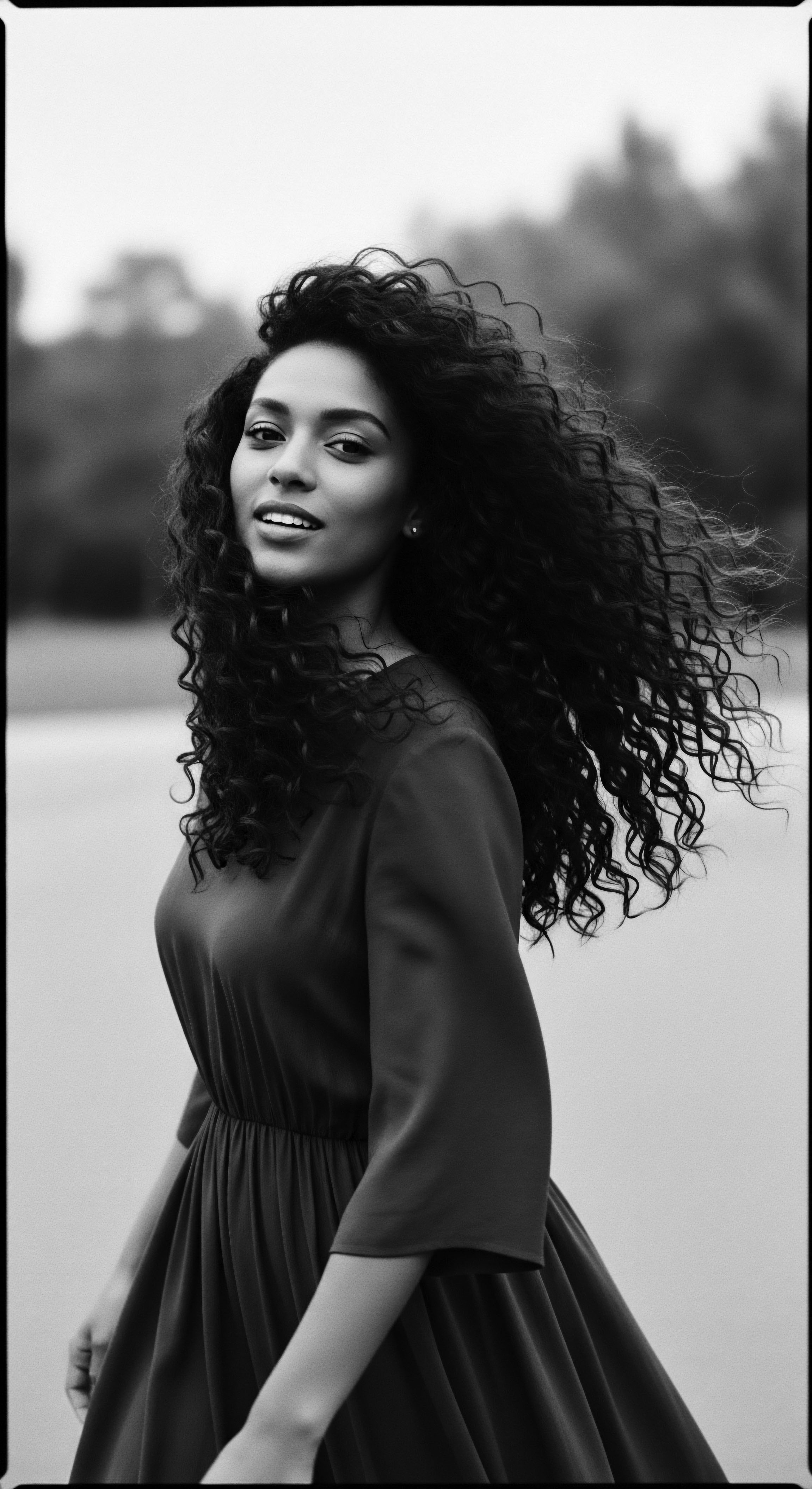 Black and White Portrait Woman with Long Spiraling Textured Hair Style This expressive monochrome portrait captures the inherent beauty and volume of spiraling textured hair, highlighting cultural connections to textured hair traditions the woman's style reflects a modern take on ancestral heritage, symbolizing the strength and resilience found within holistic textured hair care narratives.